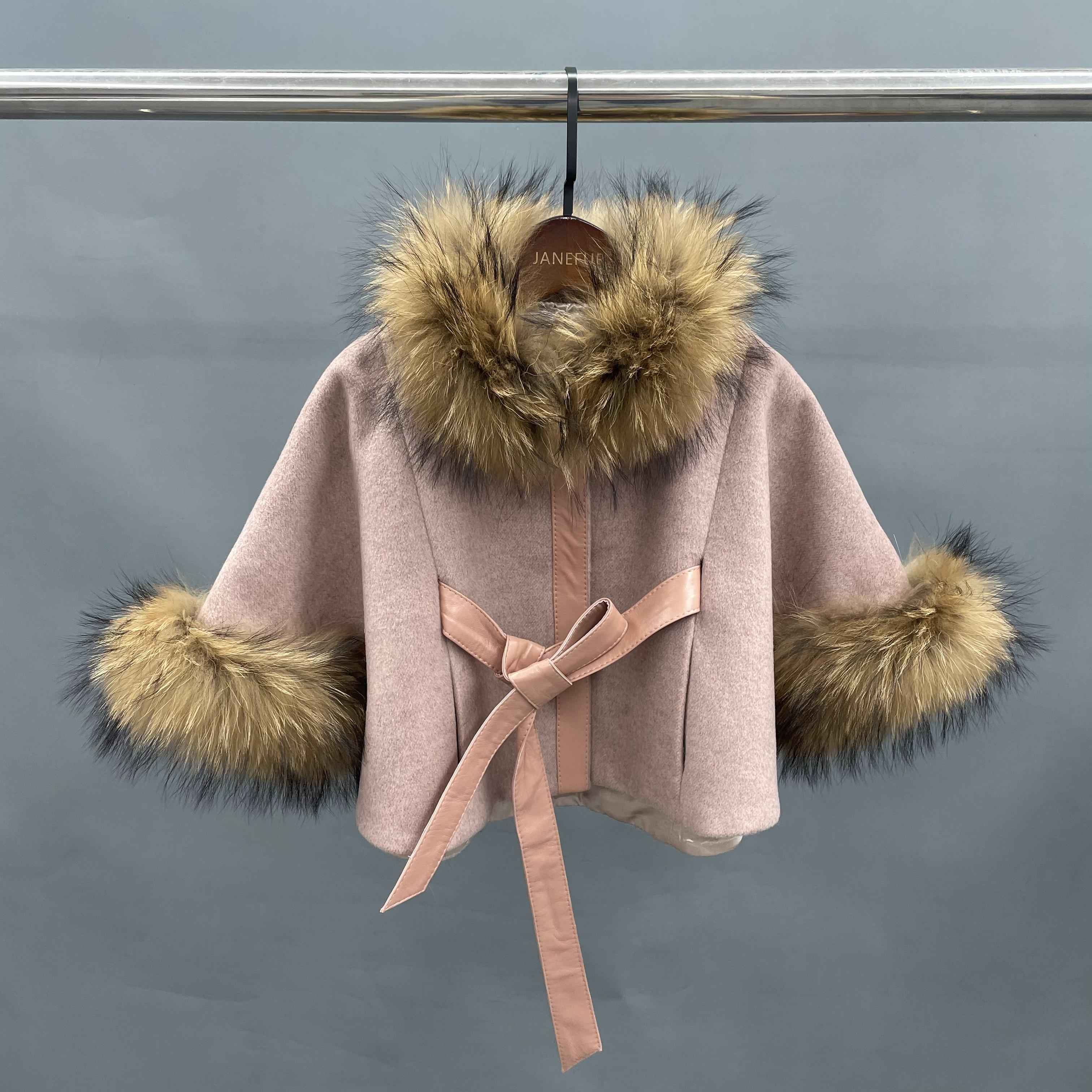 Children's raccoon fur shawl kid's Poncho Cape with fur