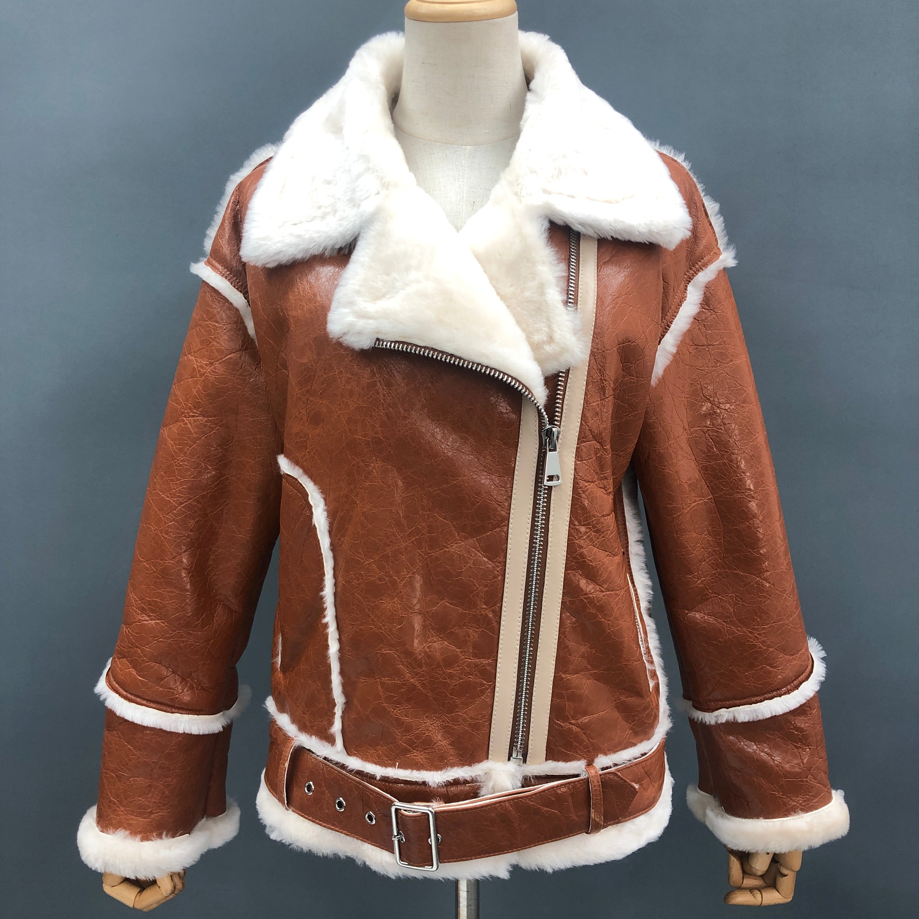 Women's Glossy Shearling Biker Jacket with Contrast Fur Trim & Edging - Luxe Winter Outerwear