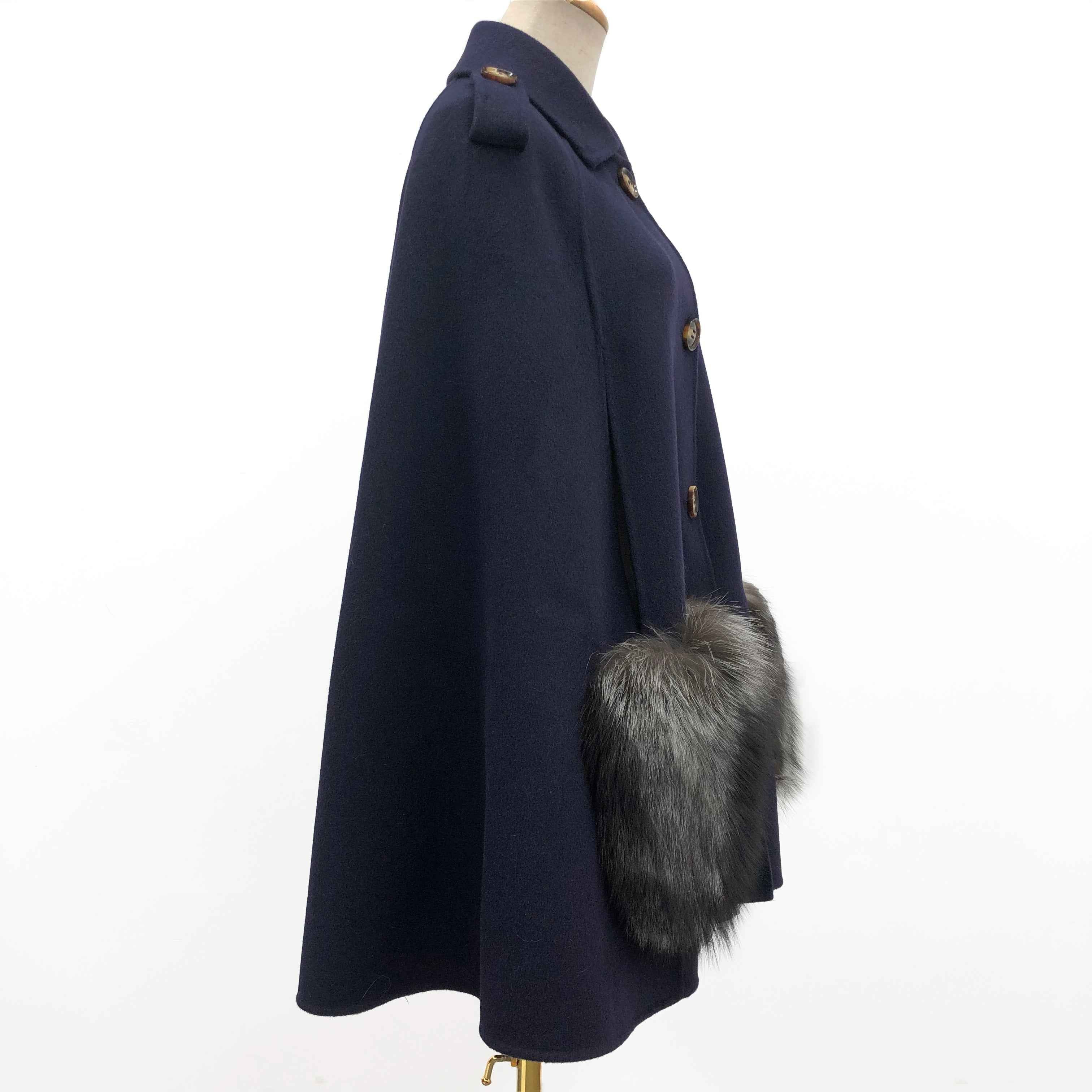 Women's Luxury Double - Faced Wool Cape with Fox Fur Pocket Trim, Elegant Winter Outerwear