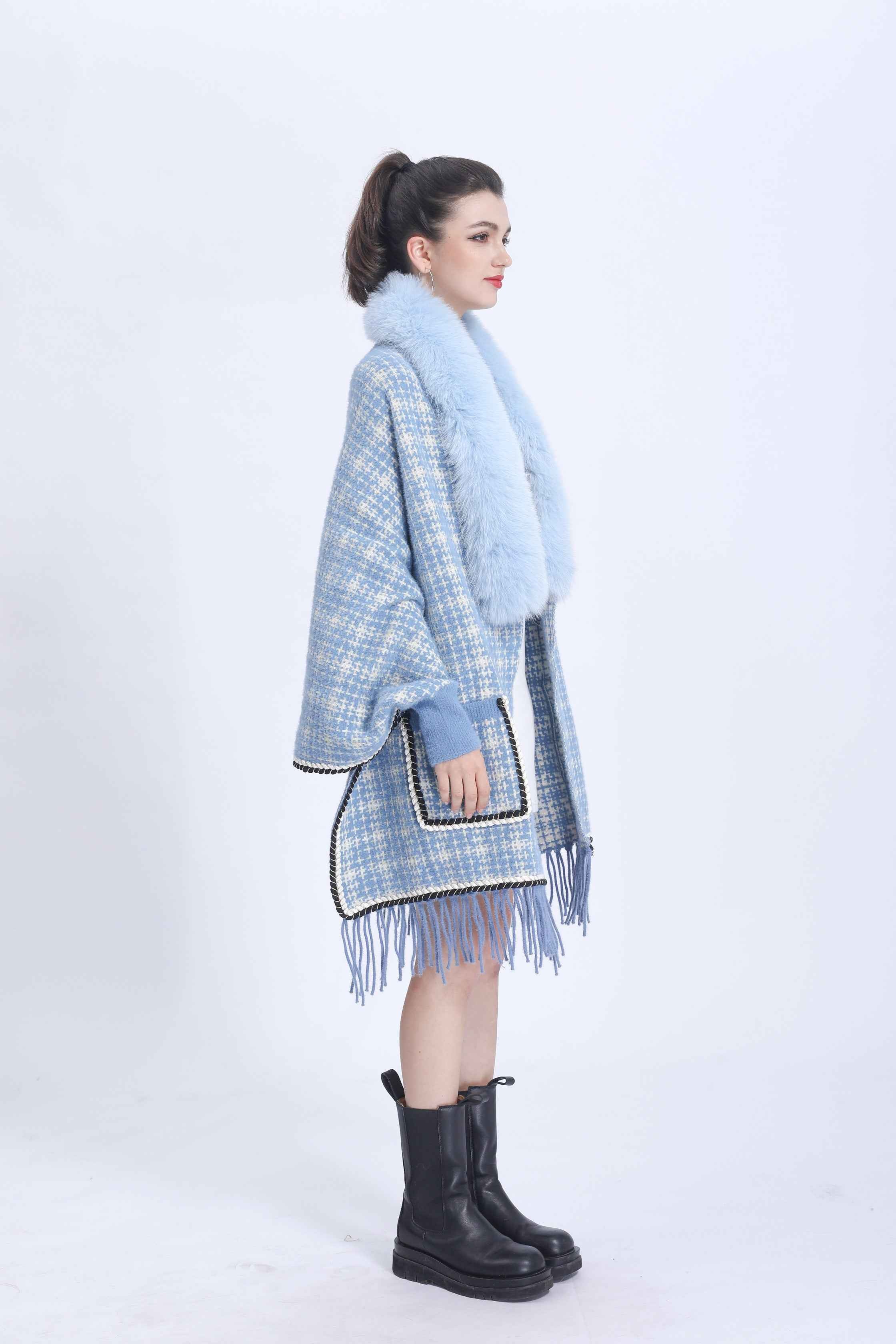 Women's Luxurious Chanel-Style Tweed Check Shawl Cardigan with Fox Fur Collar, Ribbed Cuffs & Fringe Detail - Winter Fashion Outerwear