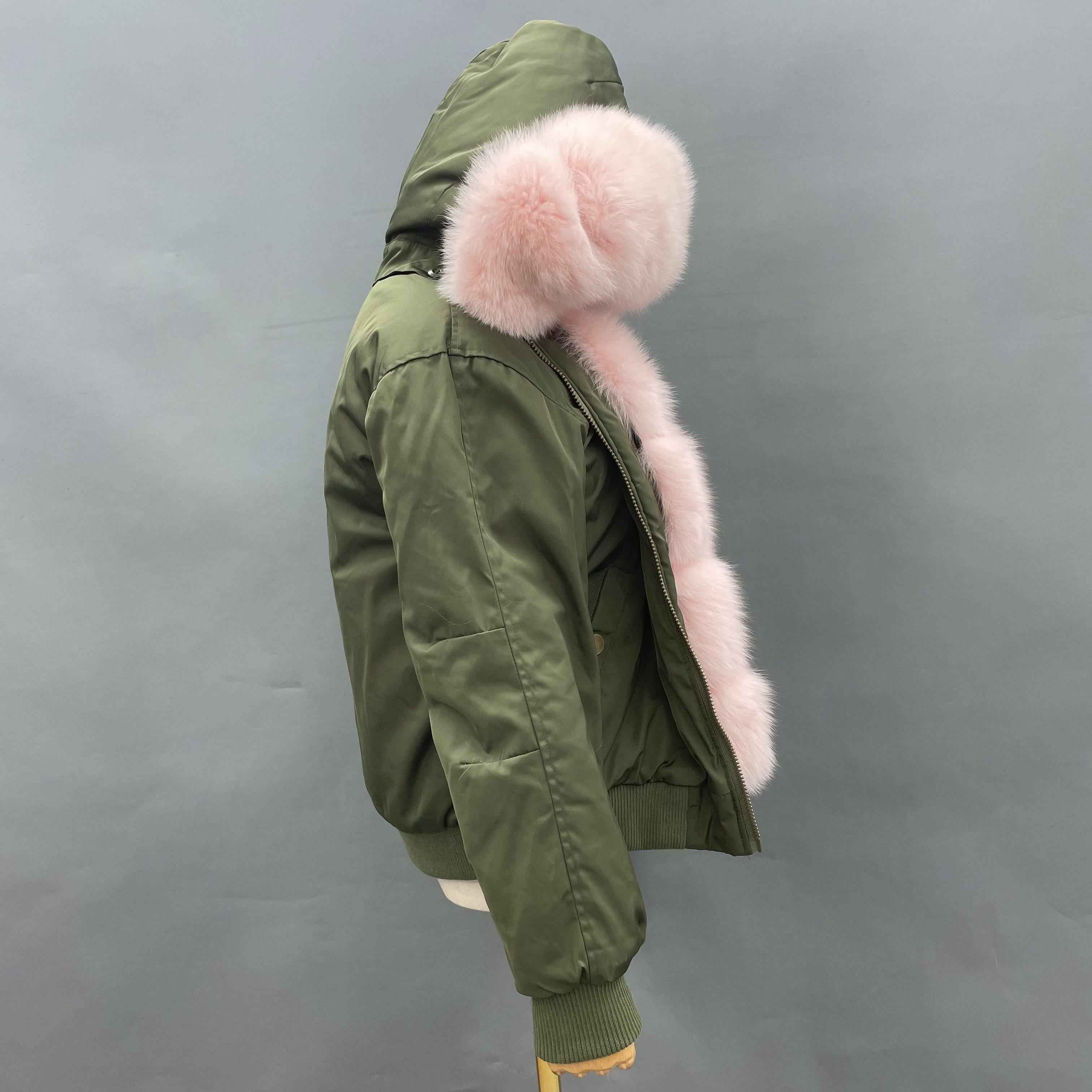 Women's Bomber Jacket with Pink Fox Fur Collar & Front Trim – Luxury Aviator Coat, Furry Winter Fashion Statement Piece
