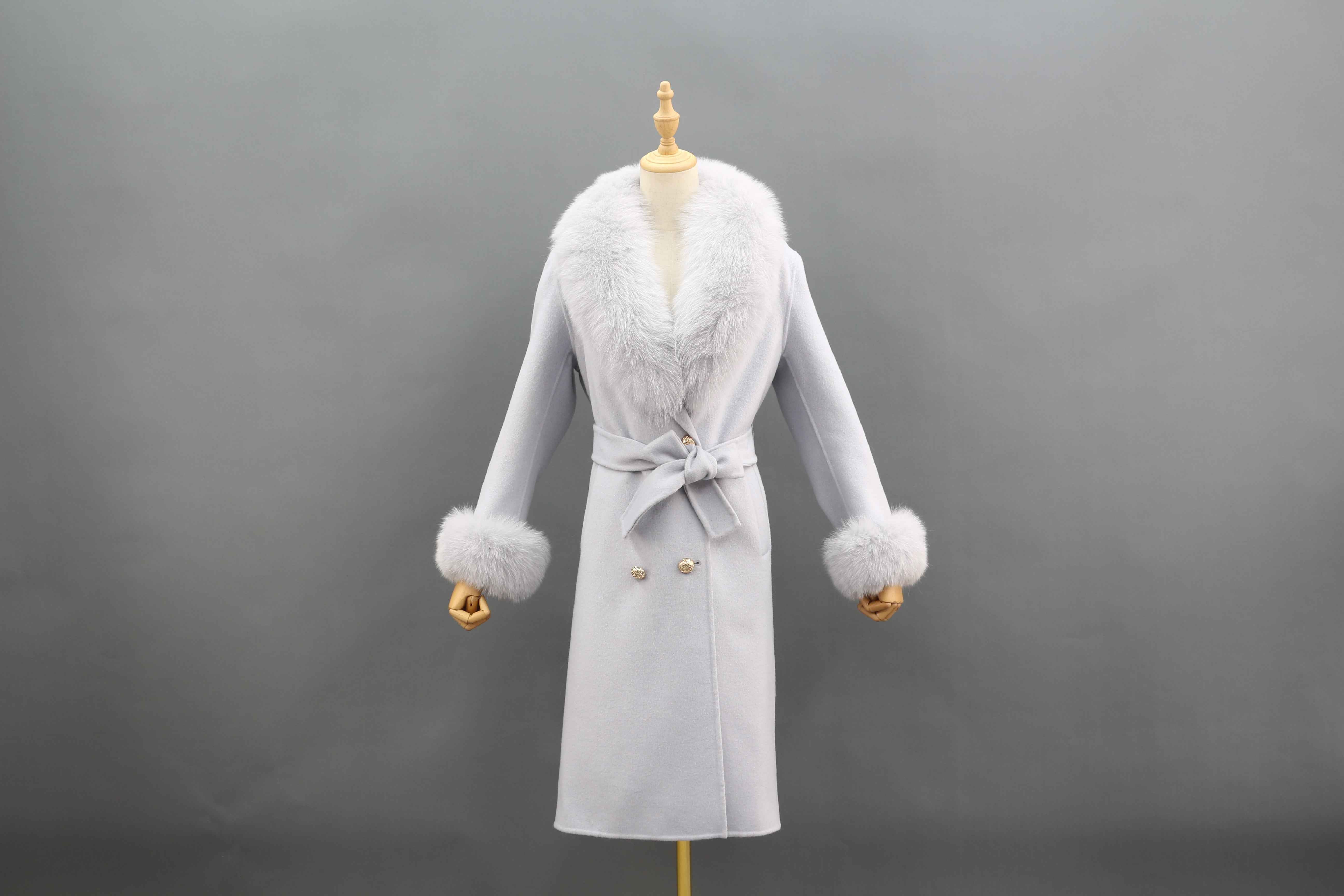 Luxurious Double - Faced Wool Long Coat with Large Fox Fur Collar, Fur Cuffs and Tie Waist