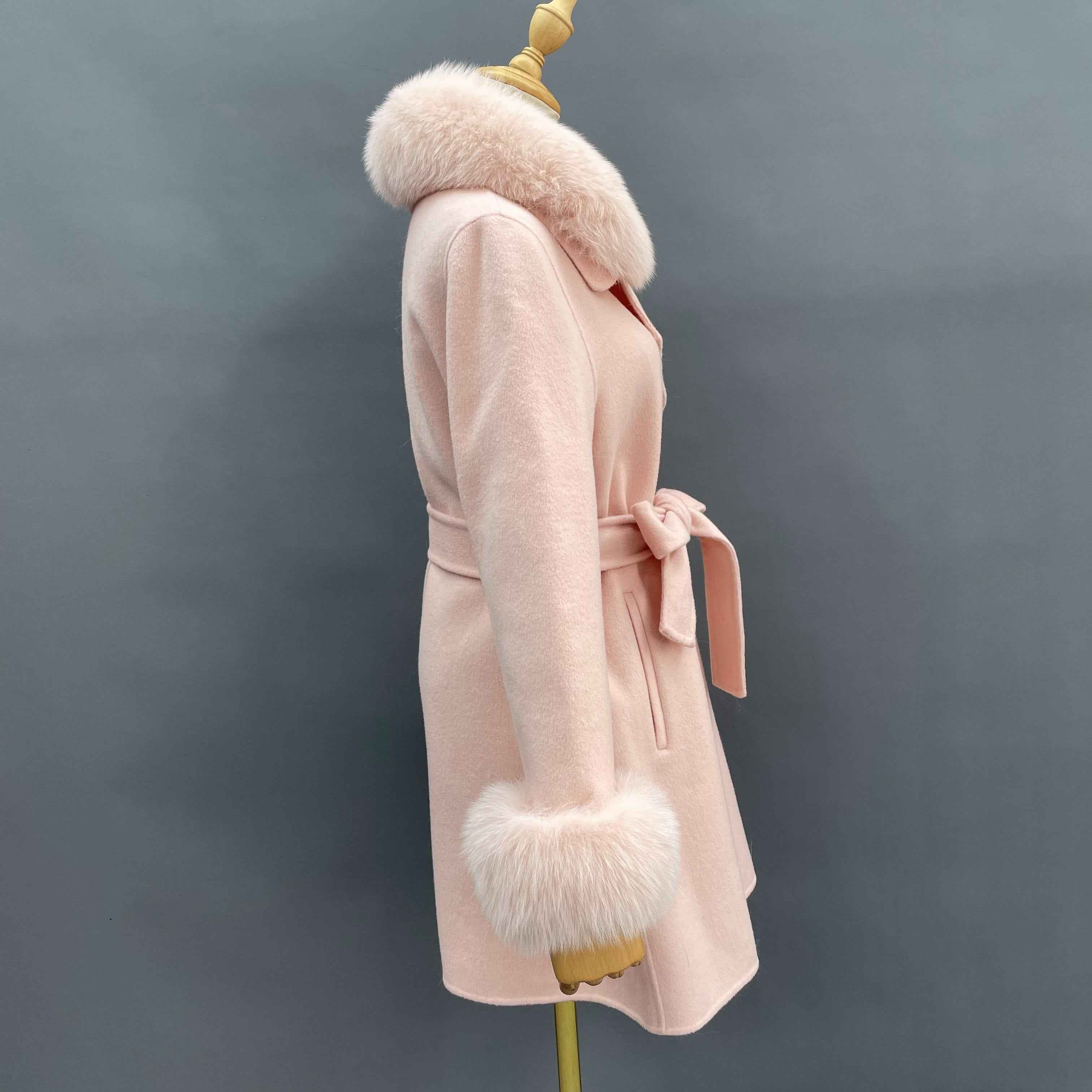 Women's Luxury Double - Faced Wool Coat with Fox Fur Collar & Cuffs, Notched Collar, Double - Breasted, Belted Mid - Length Outerwear