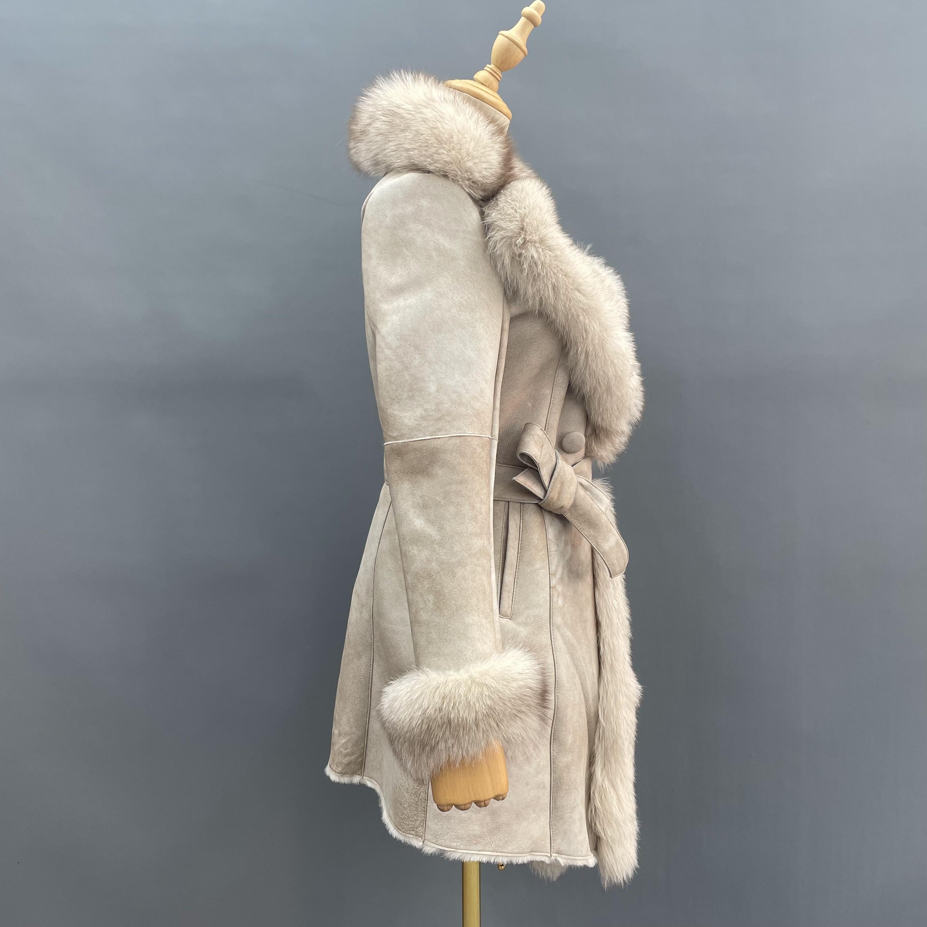 Women's Mid-Length Shearling Coat with Fox Fur Notched Lapel, Belted Waist & Cuff Trim - Luxe Winter Outerwear