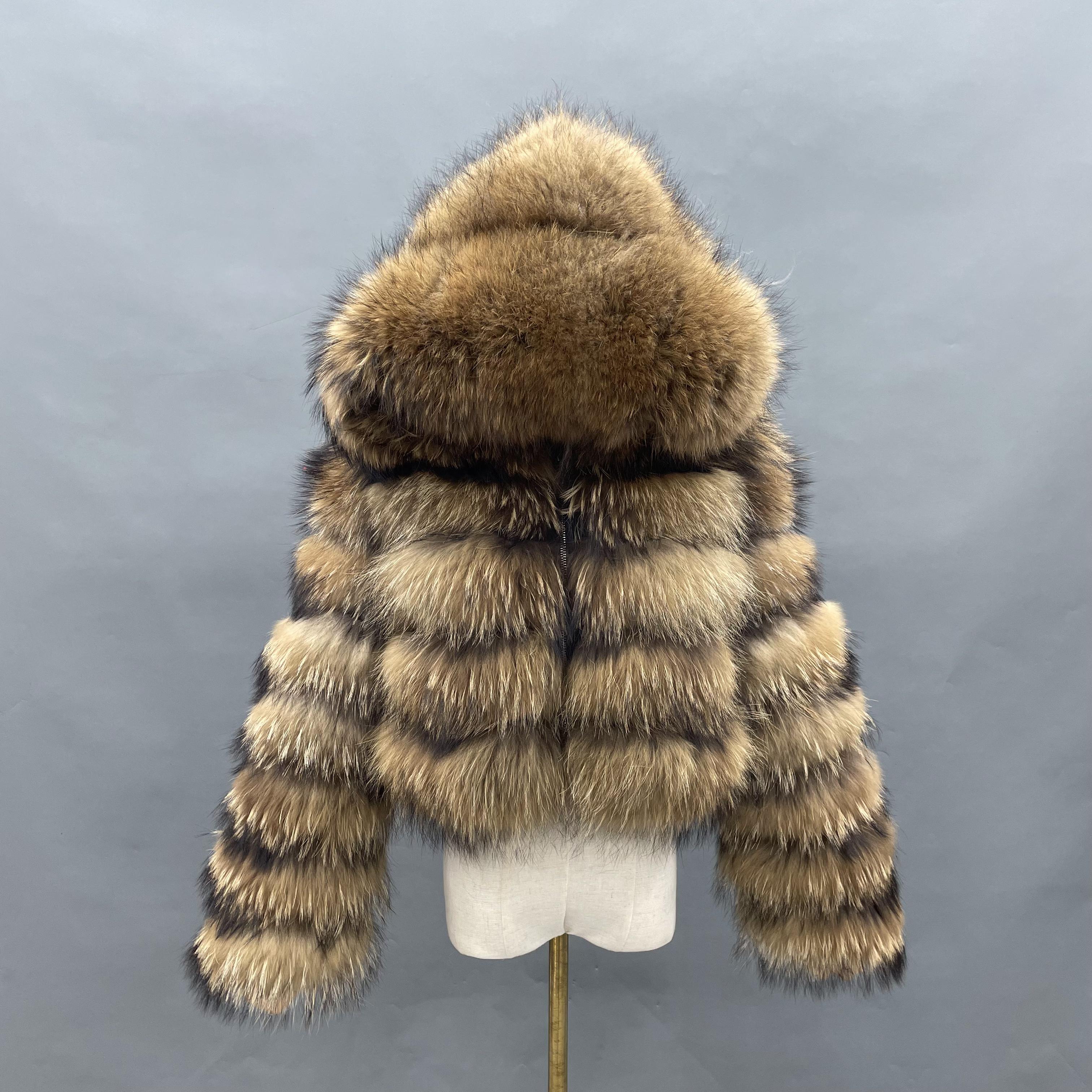 Women's Short Raccoon Fur Jacket with Hood and Zipper – 5-Section Real Fur Coat for Winter Natural Brown