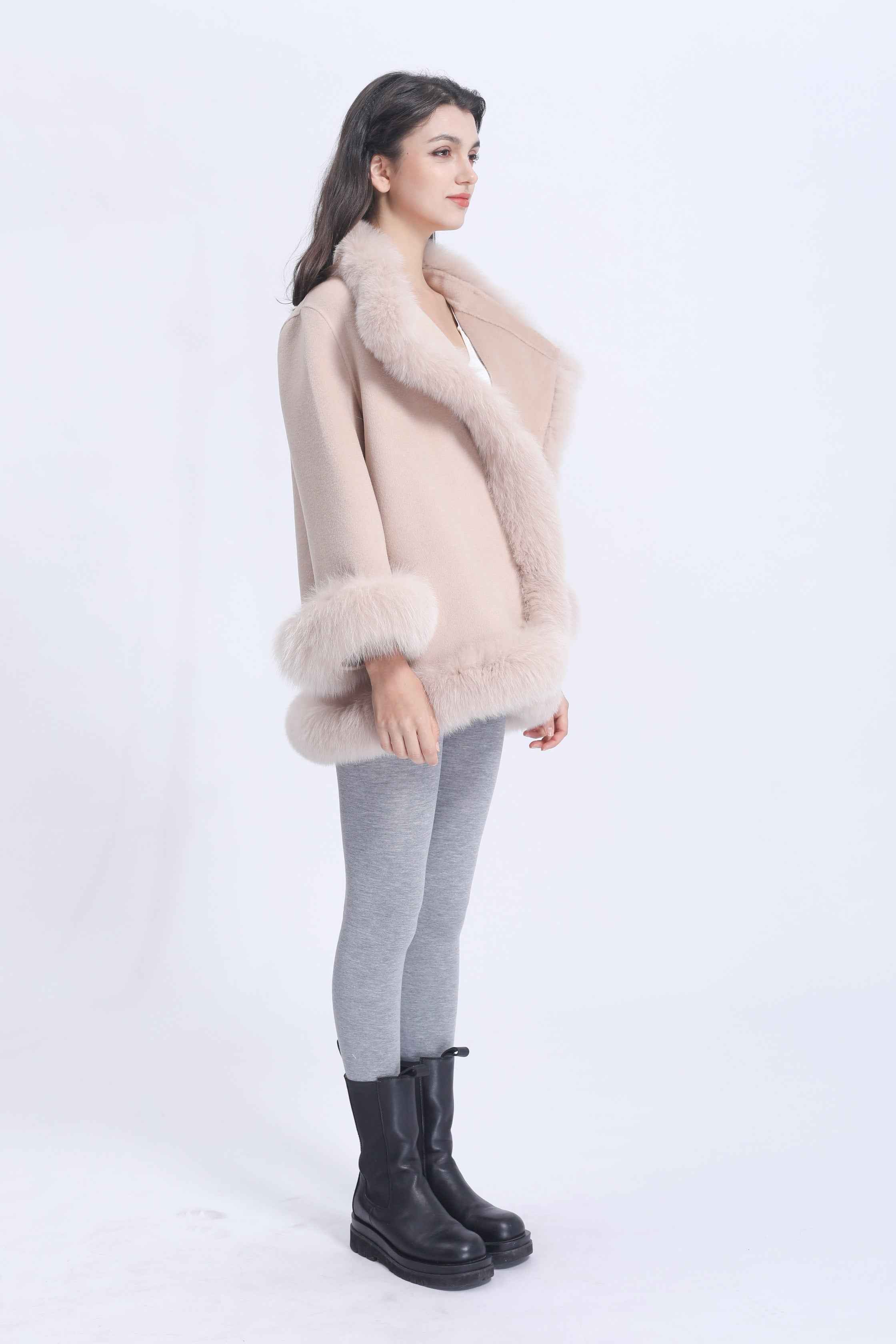Women's Luxury Double - Faced Wool Cape with Fox Fur Trim