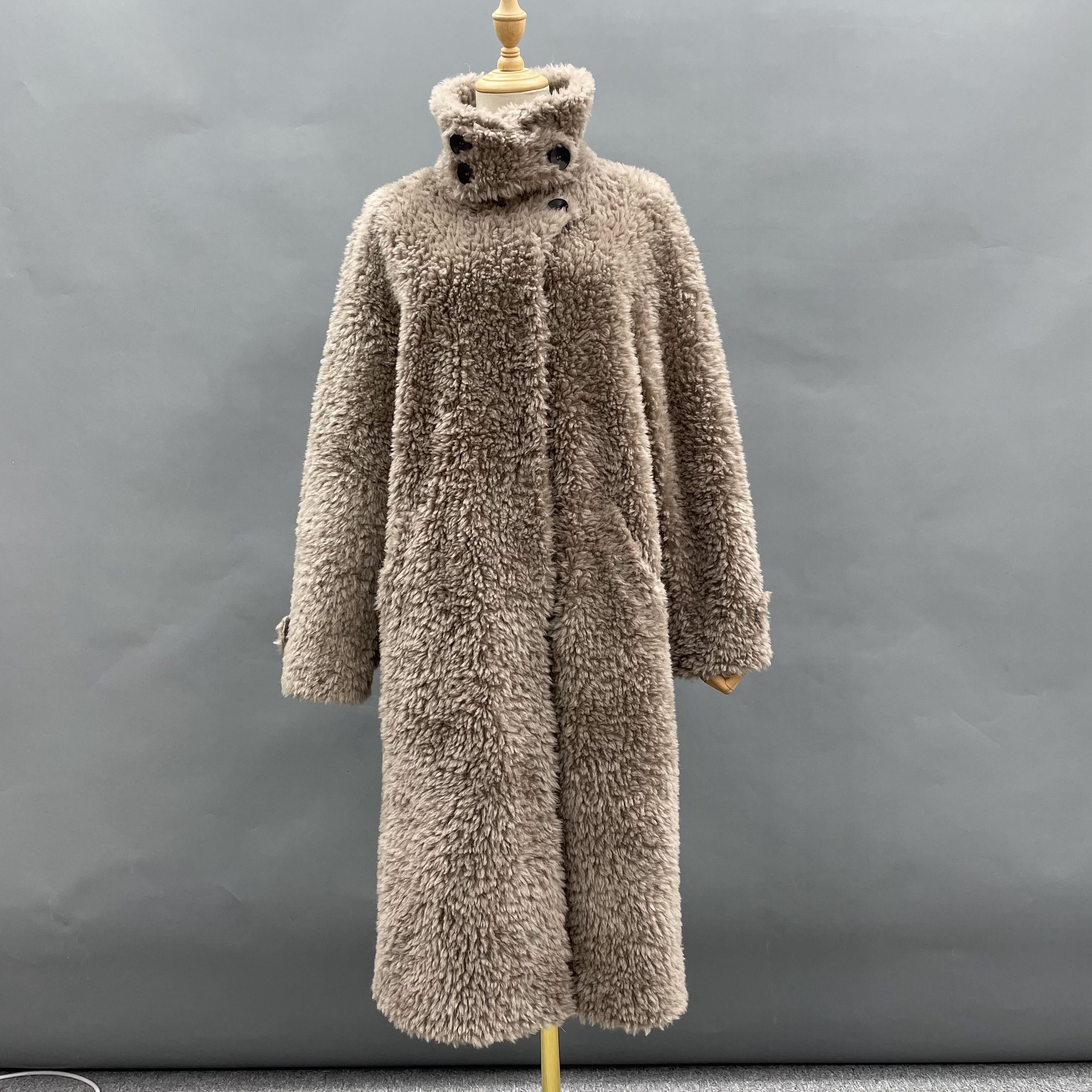 Women's Taupe Sheepskin Shearling Long Coat with Notched Lapel & Belted Waist - Luxe Winter Outerwear