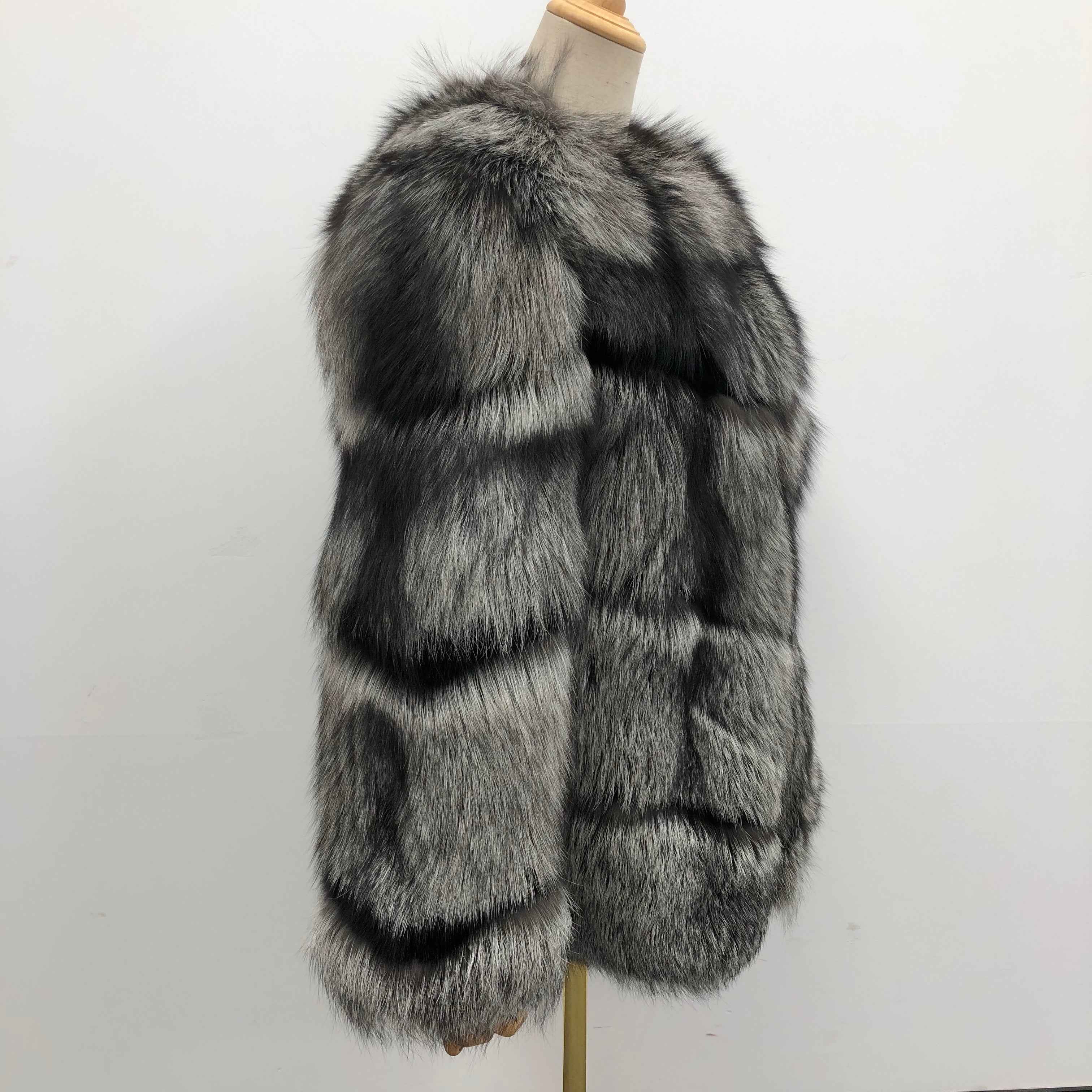 Luxury Silver Fox Fur Coat - Diagonal Stripe Four - Section Design Winter Outerwear