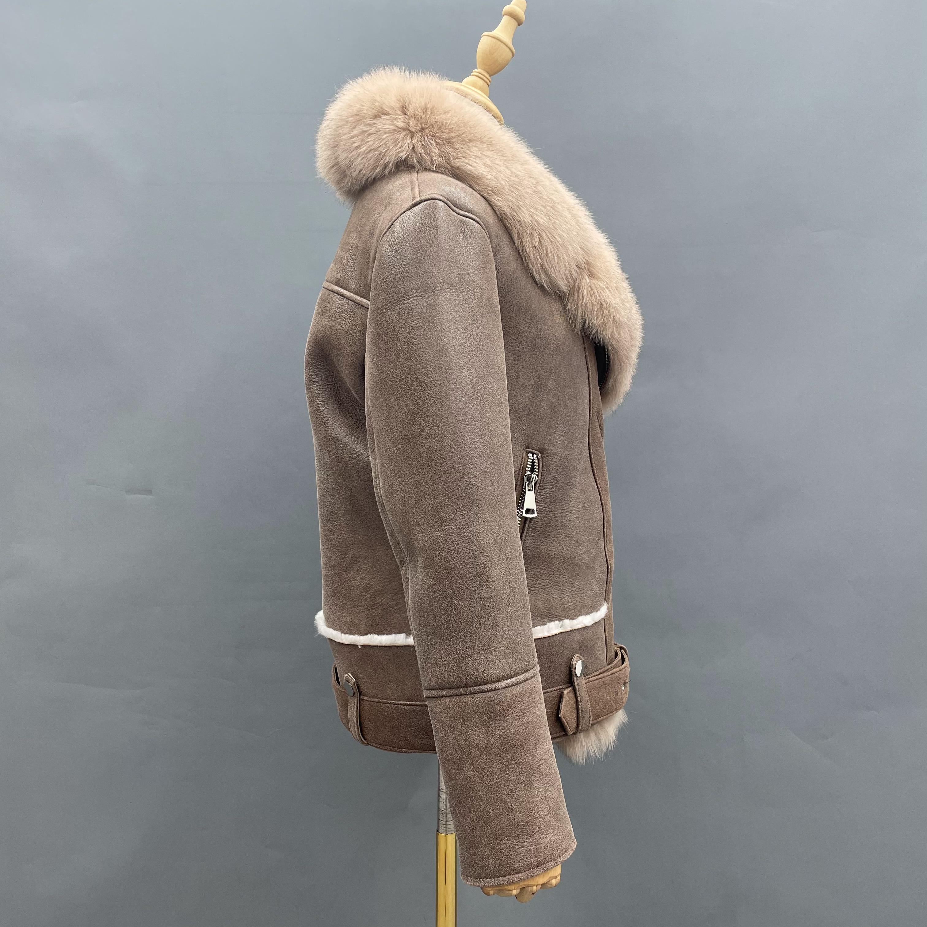 Women's Biker Style Shearling Leather Jacket with Oversized Fox Fur Collar, Belted Waist & Sleeves Without Fur Trim - Luxe Winter Outerwear