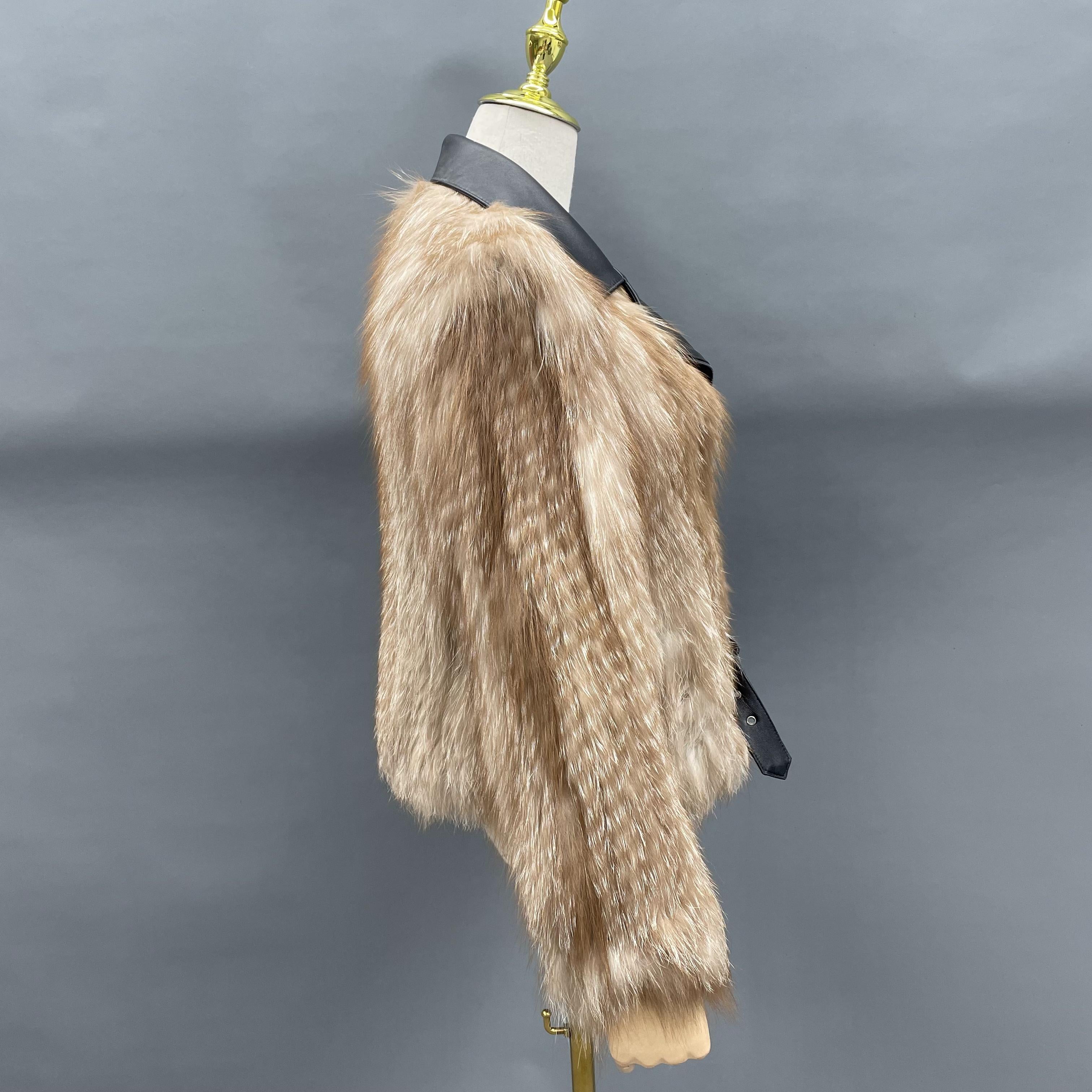 Women's Fox Fur Knitted Jacket with Leather Notched Lapel & Zipper Detail - Edgy Winter Outerwear