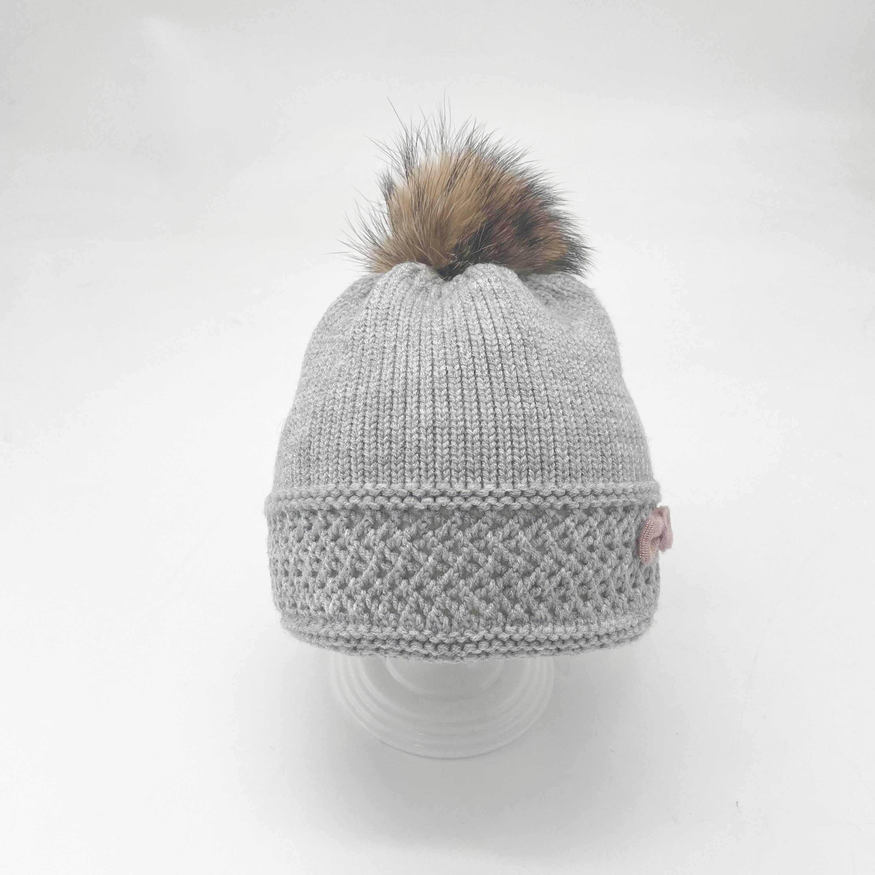 Girls' Red Knit Beanie with Fox Fur Pom-Pom & Bowknot – Warm Winter Hat for Kids, Cute & Stylish 1#Light Grey Child a17 b38-60