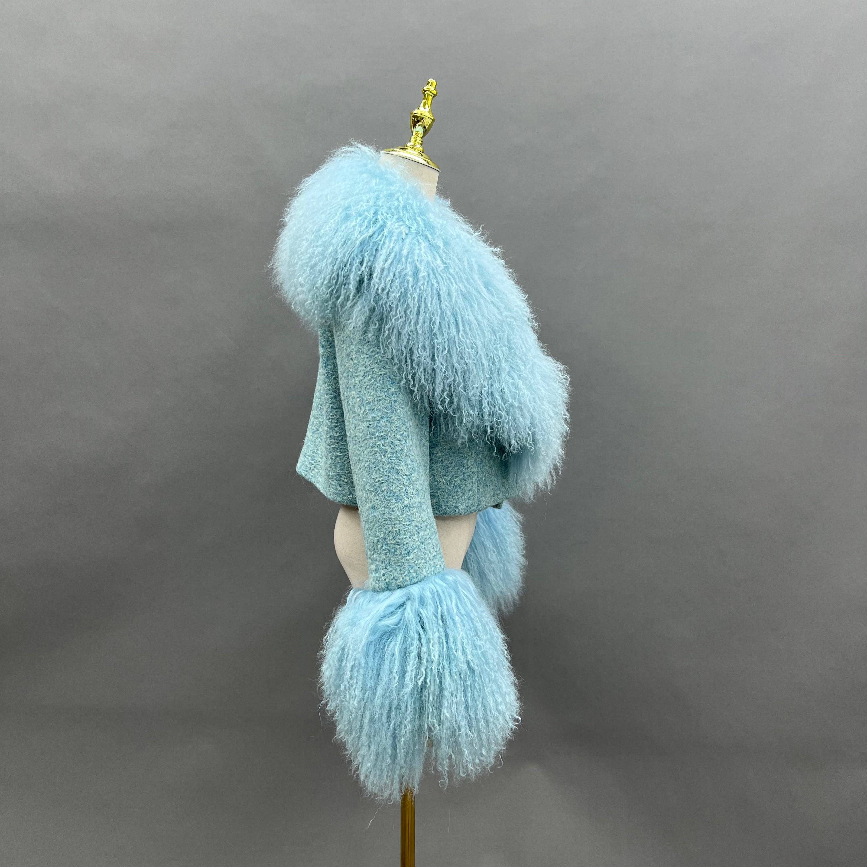 Women's Ivory Mongolian Lamb Fur Trimmed Jacket – Knit Body with Faux Fur Collar & Pom-Pom Sleeves, Elegant Winter Outerwear