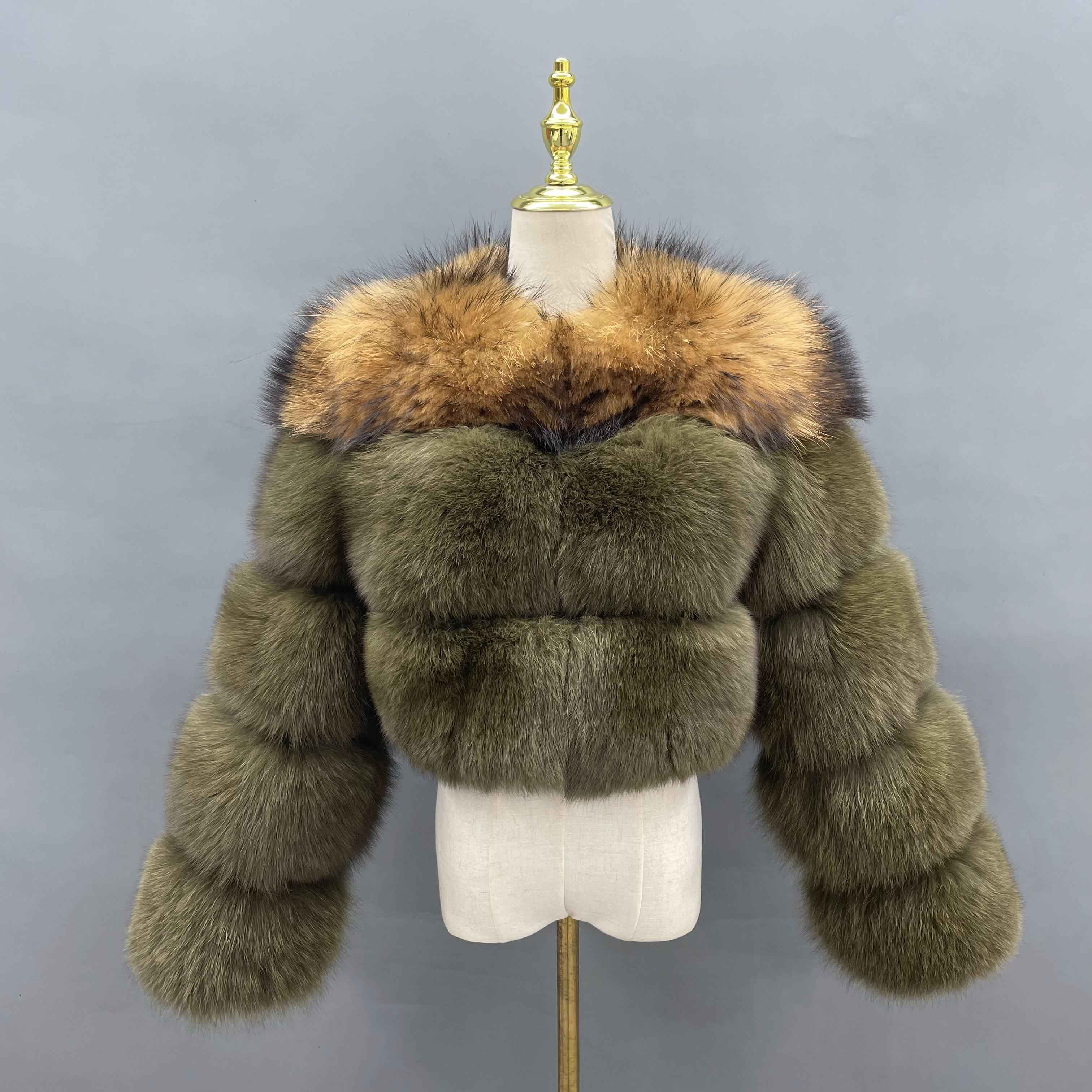 Women's Raccoon Fur & Fox Fur Coat – Luxury Mixed Fur Jacket, Short Winter Outerwear with White Collar and Blue Sleeve Trim 1#