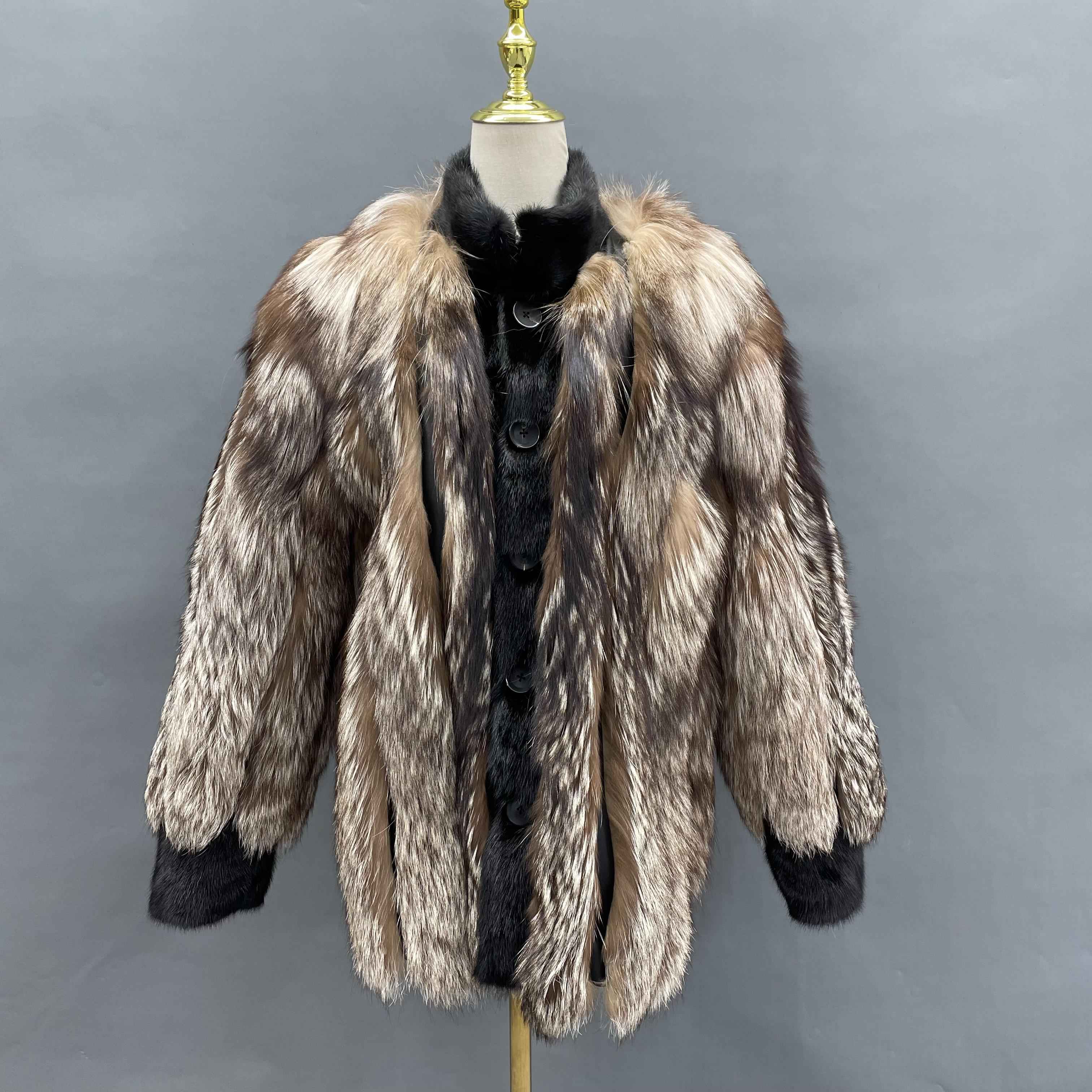 Men's Luxurious Silver Fox Fur Jacket with Mink Placket Detail - High-End Winter Outerwear Brown