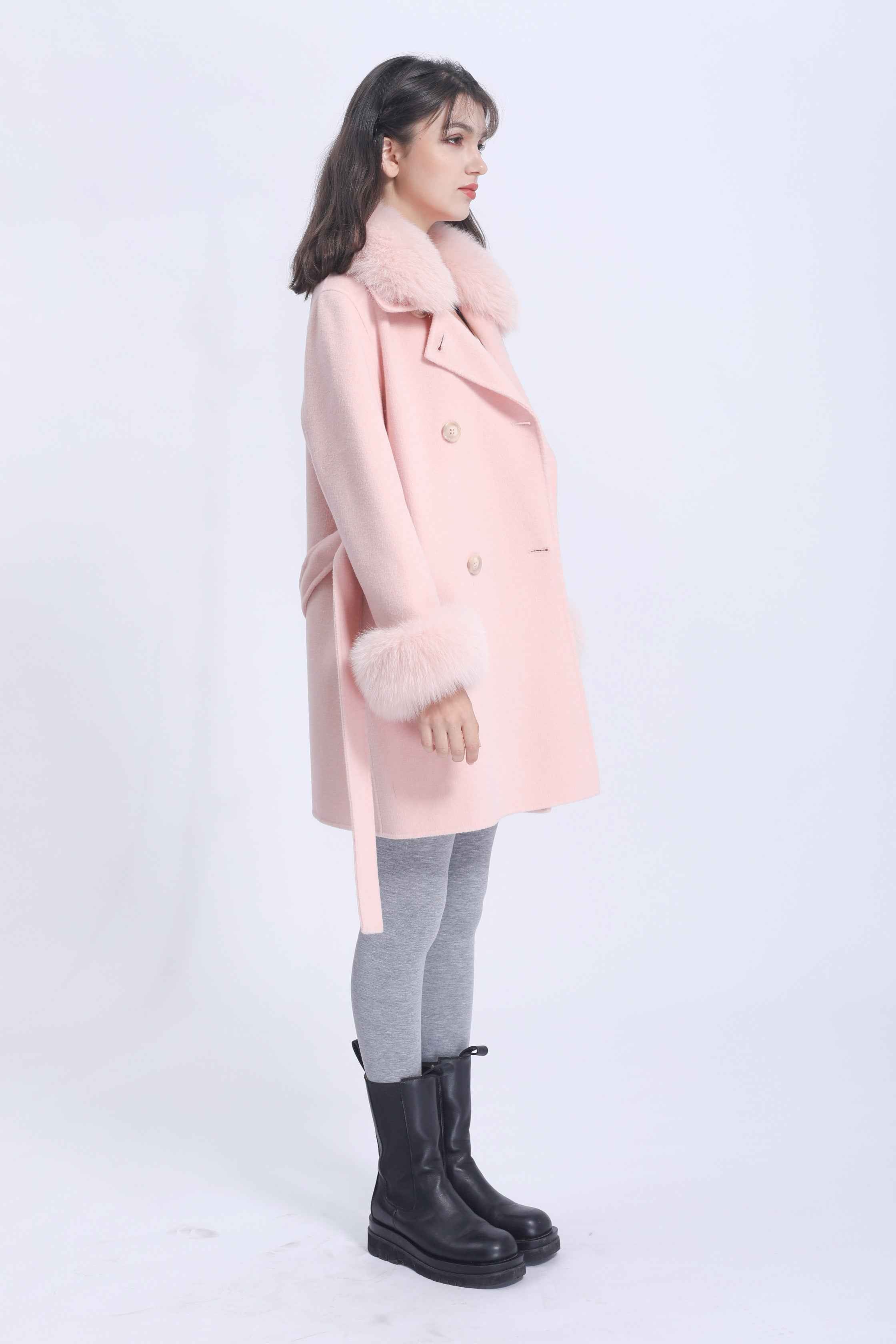 Women's Luxury Double - Faced Wool Coat with Fox Fur Collar & Cuffs, Notched Collar, Double - Breasted, Belted Mid - Length Outerwear