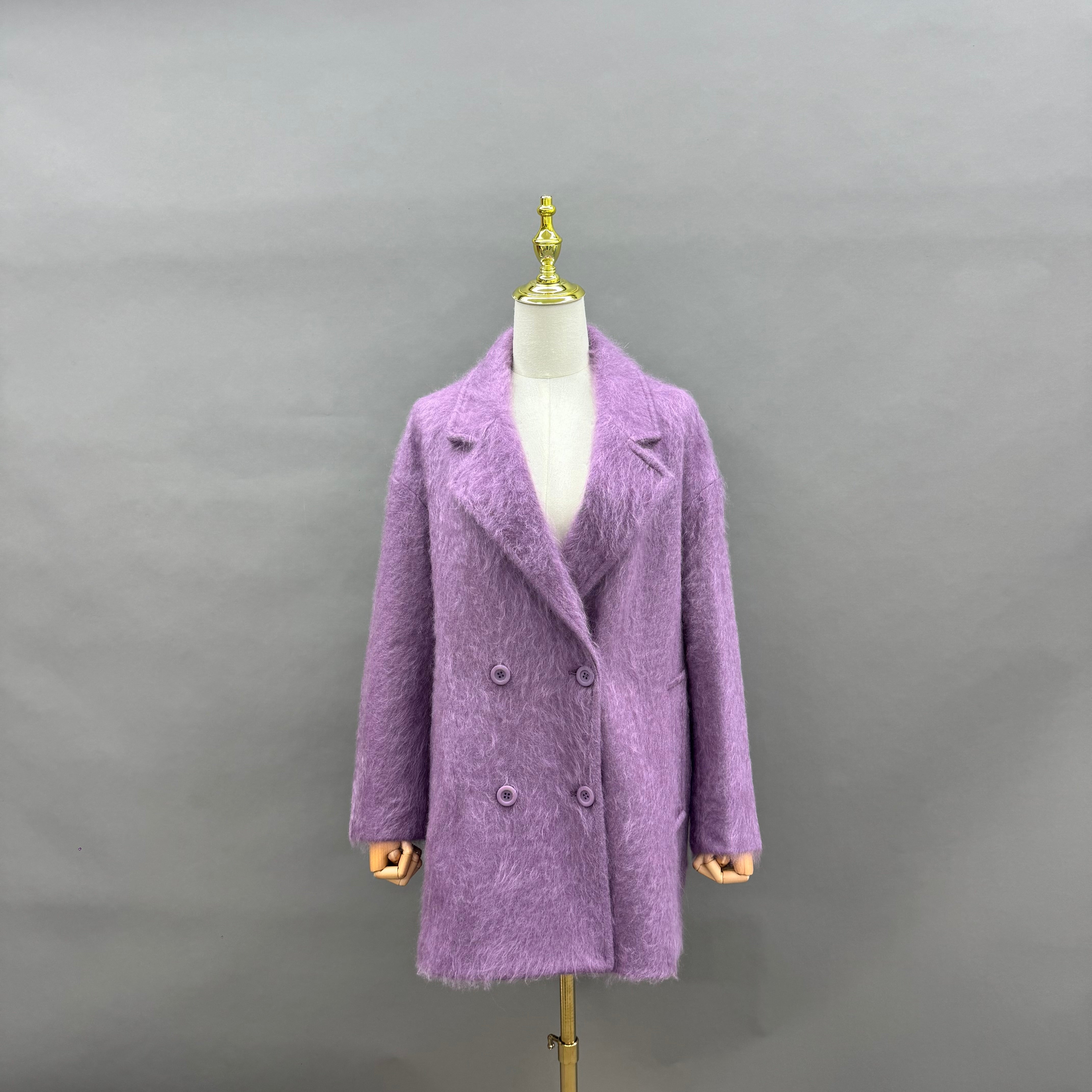 Women’s Beige Fluffy Long Pile Wool Coat – Notched Lapel Short Winter Jacket with Soft Shaggy Finish for Autumn Fashion 2#Purple