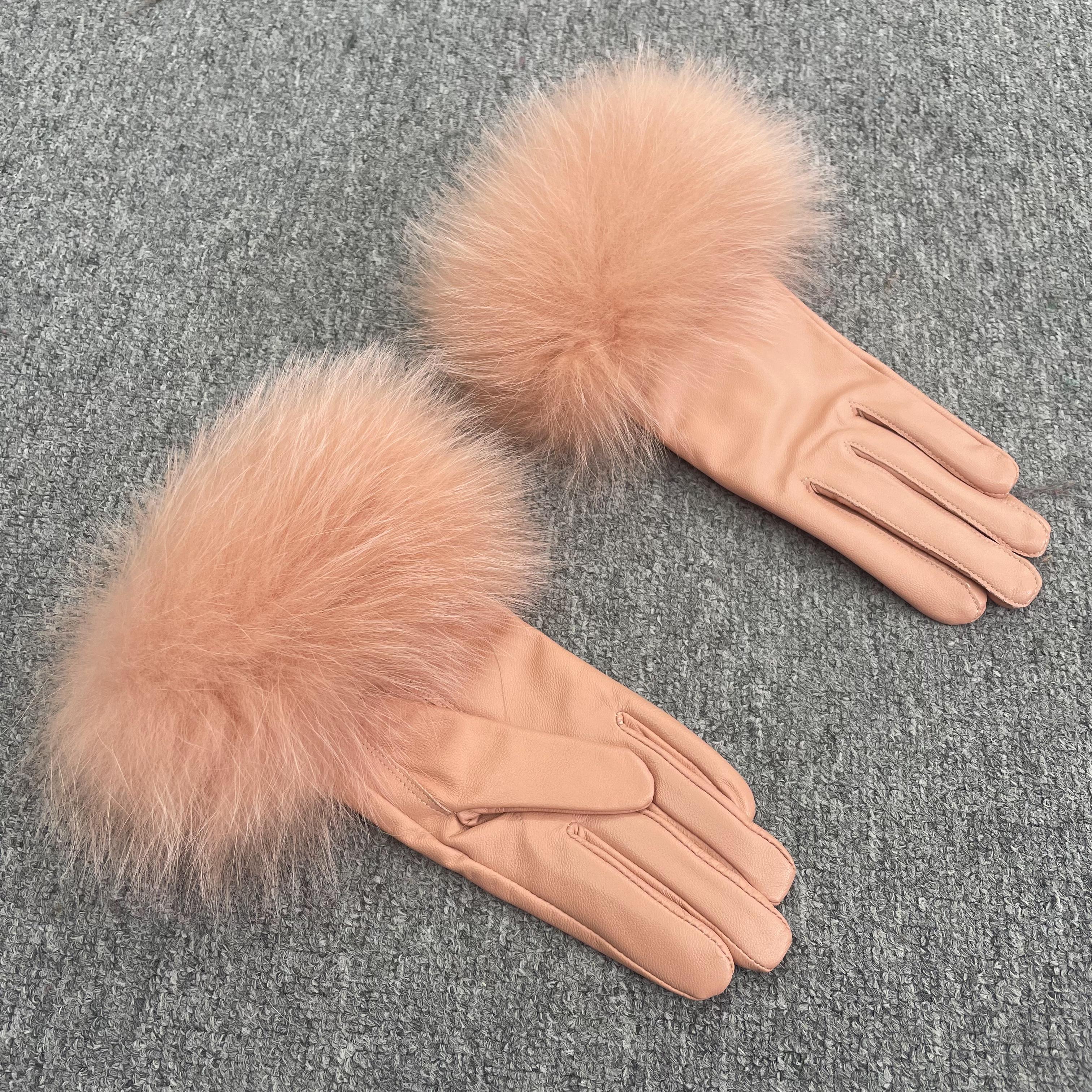Women’s Black Leather Gloves with Real Fox Fur Trim – Elegant Winter Fashion Accessory for Luxury Style 7 F