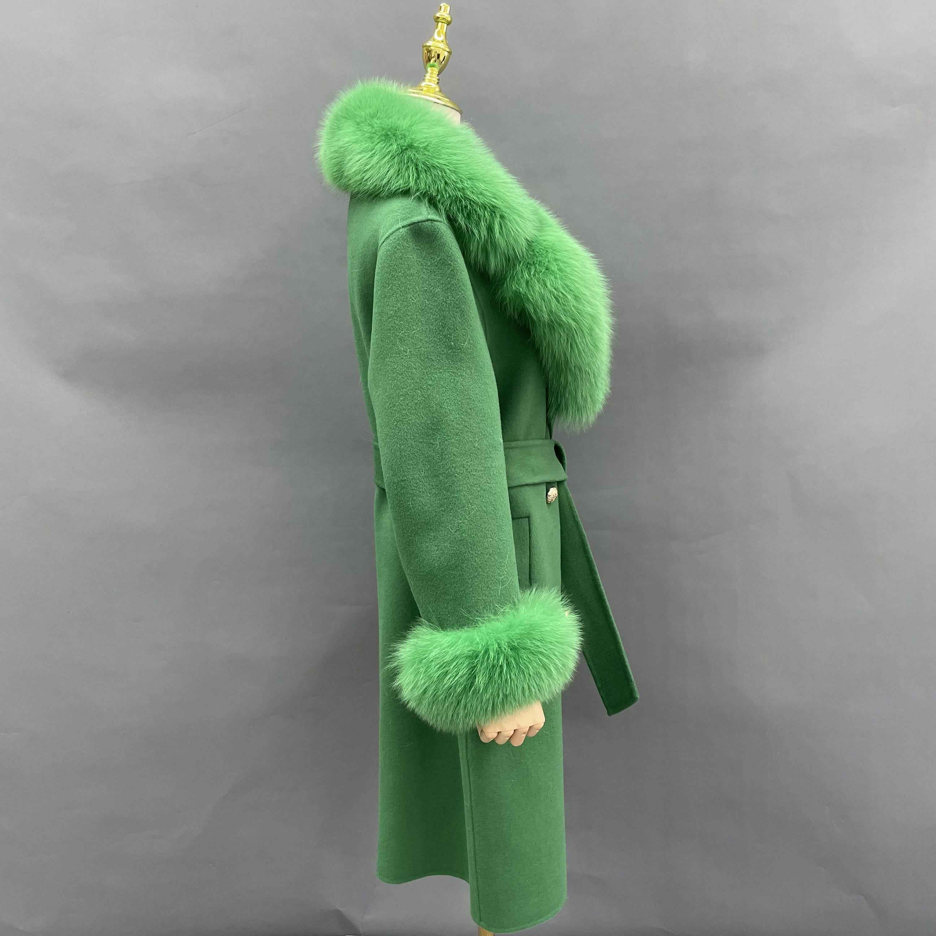 Double - Faced Wool Coat with Fox Fur Collar, Cuffs and Tie Waist