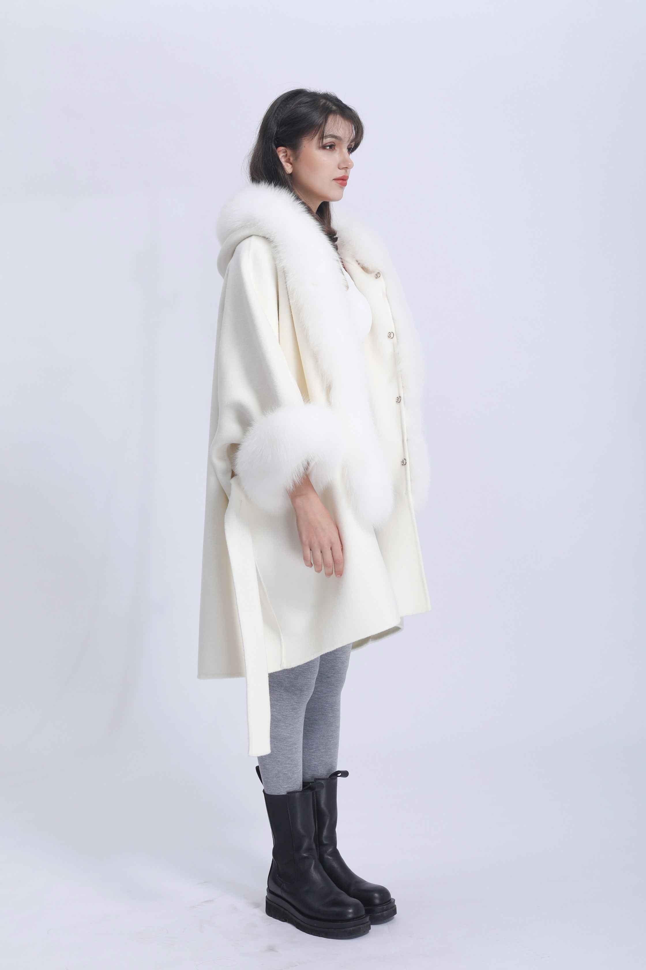Asymmetrical Double-Faced Wool Coat with Fox Fur Trim Hood and Cuffed Sleeves – High Low Hem Luxury Overcoat