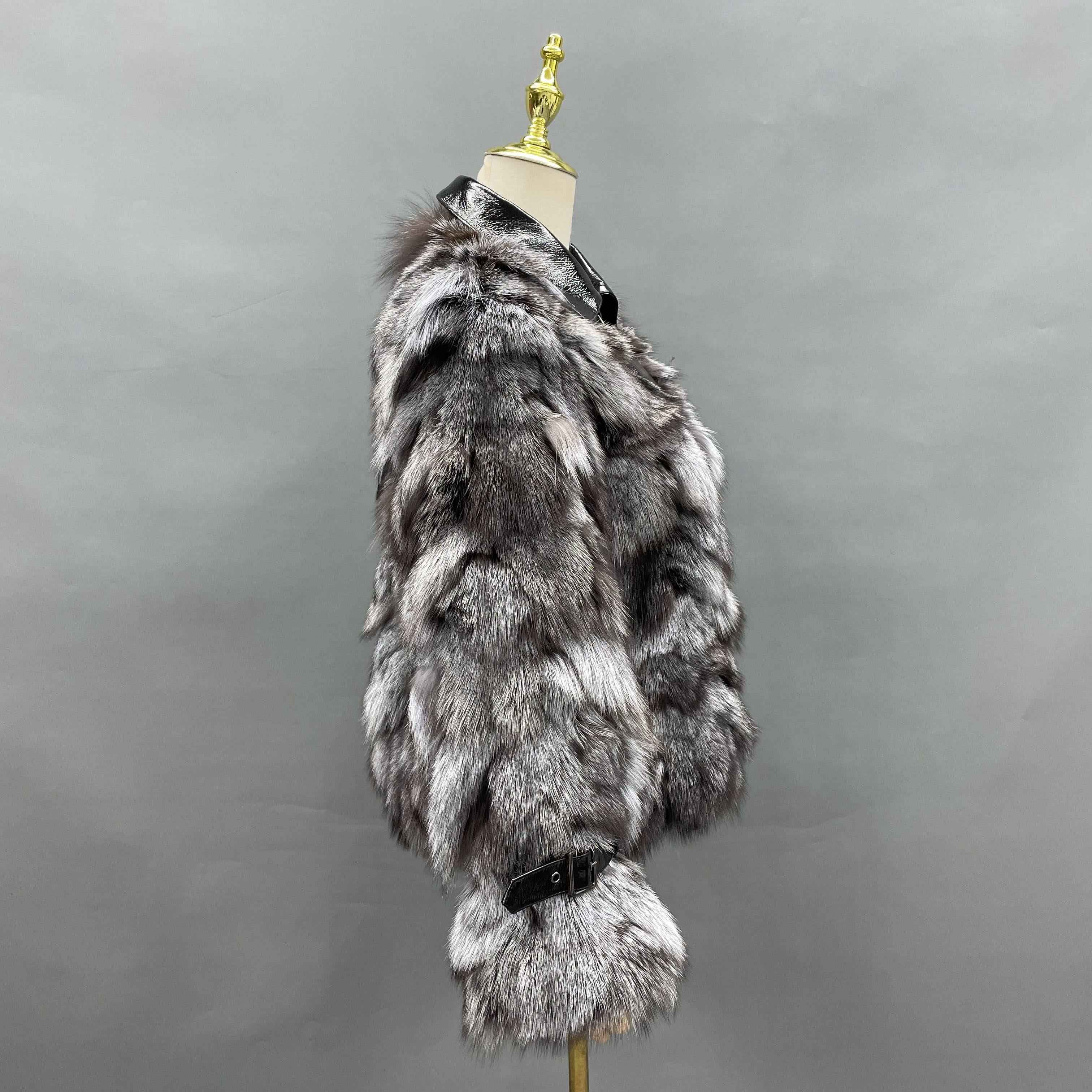 Women's Silver Fox Fur Jacket with Shiny Patent Leather Front – Luxury Faux Leather & Fur Coat, Stylish Winter Outerwear for Fashion Statement