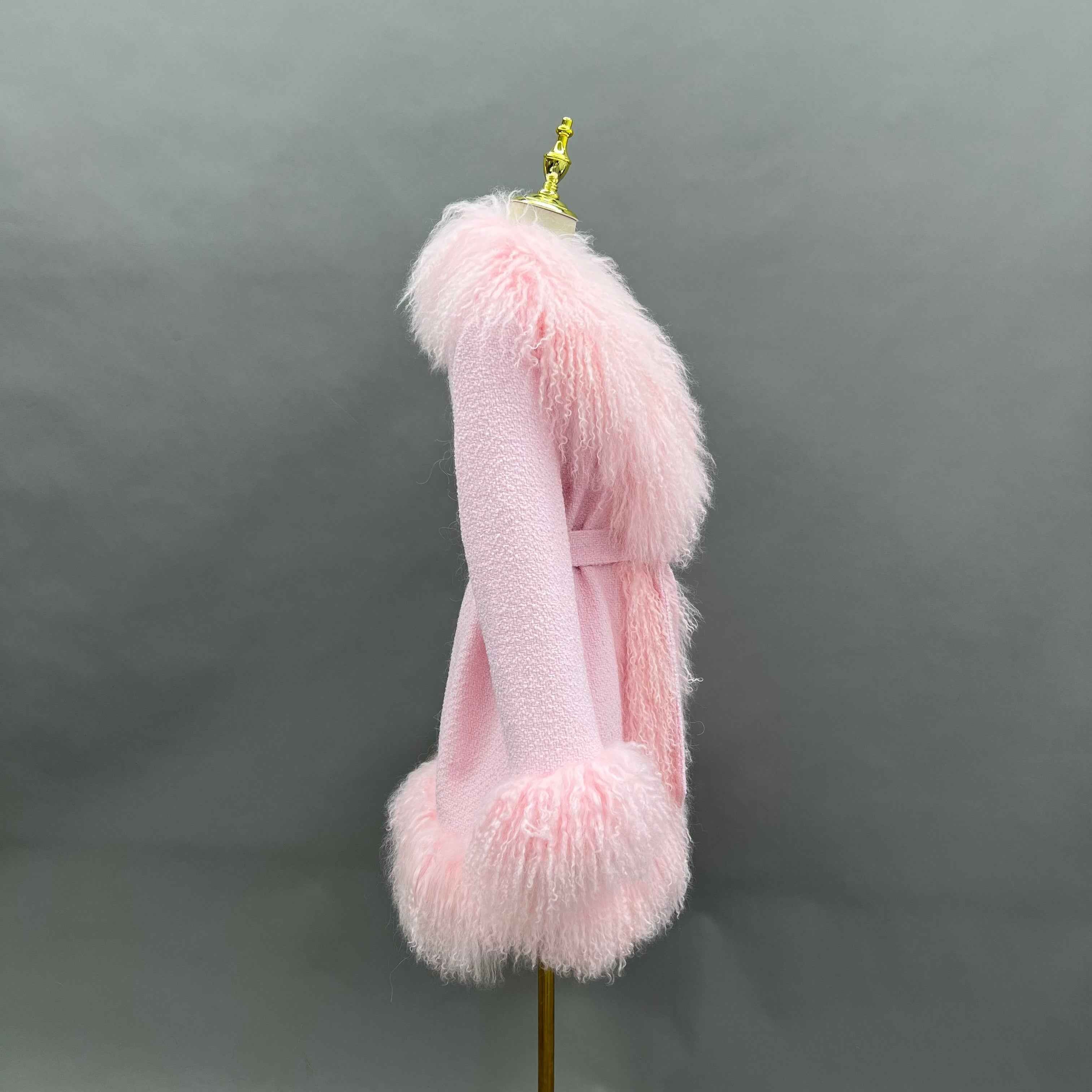 Cashmere Mid-Length Coat with Tibetan Lamb Fur Collar, Cuffs and Tie Waist