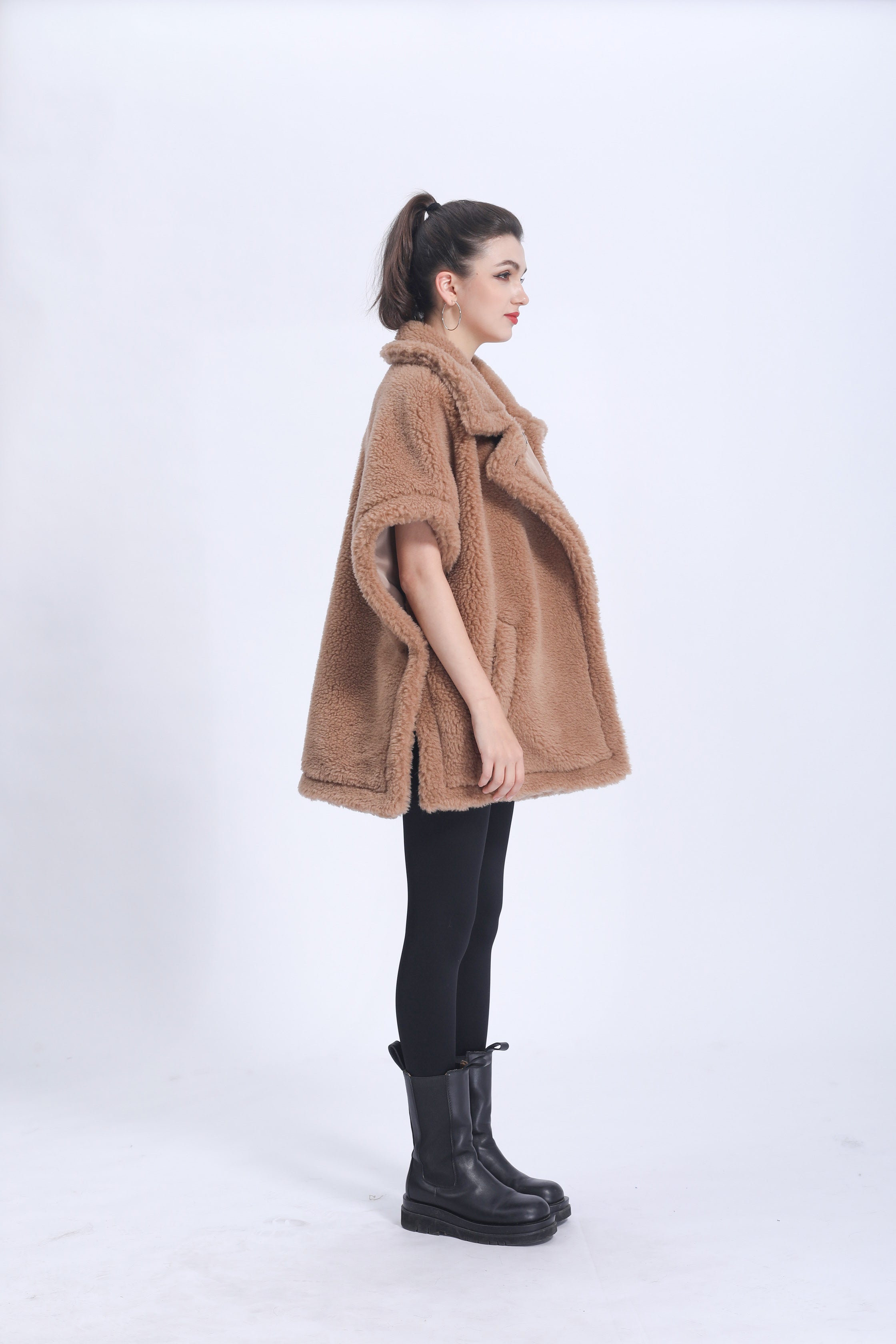Women's Tan Teddy Fleece Poncho Coat with Notched Lapel & Pocket - Chic Winter Outerwear