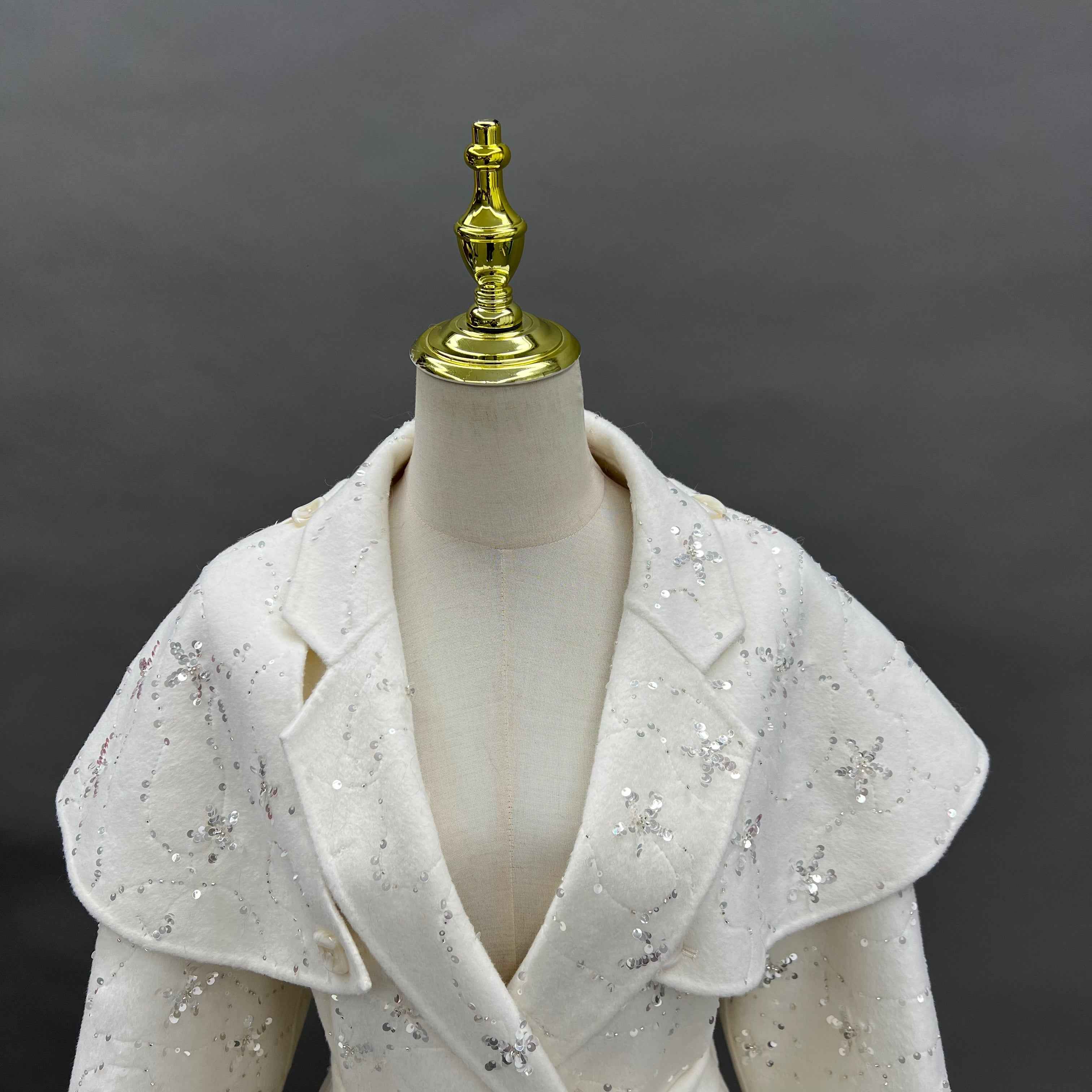 Women's Sequin Embellished Coat with Fox Fur Cuffs, Cape - Like Overlay & Self - Tie Belt, Elegant Winter Outerwear