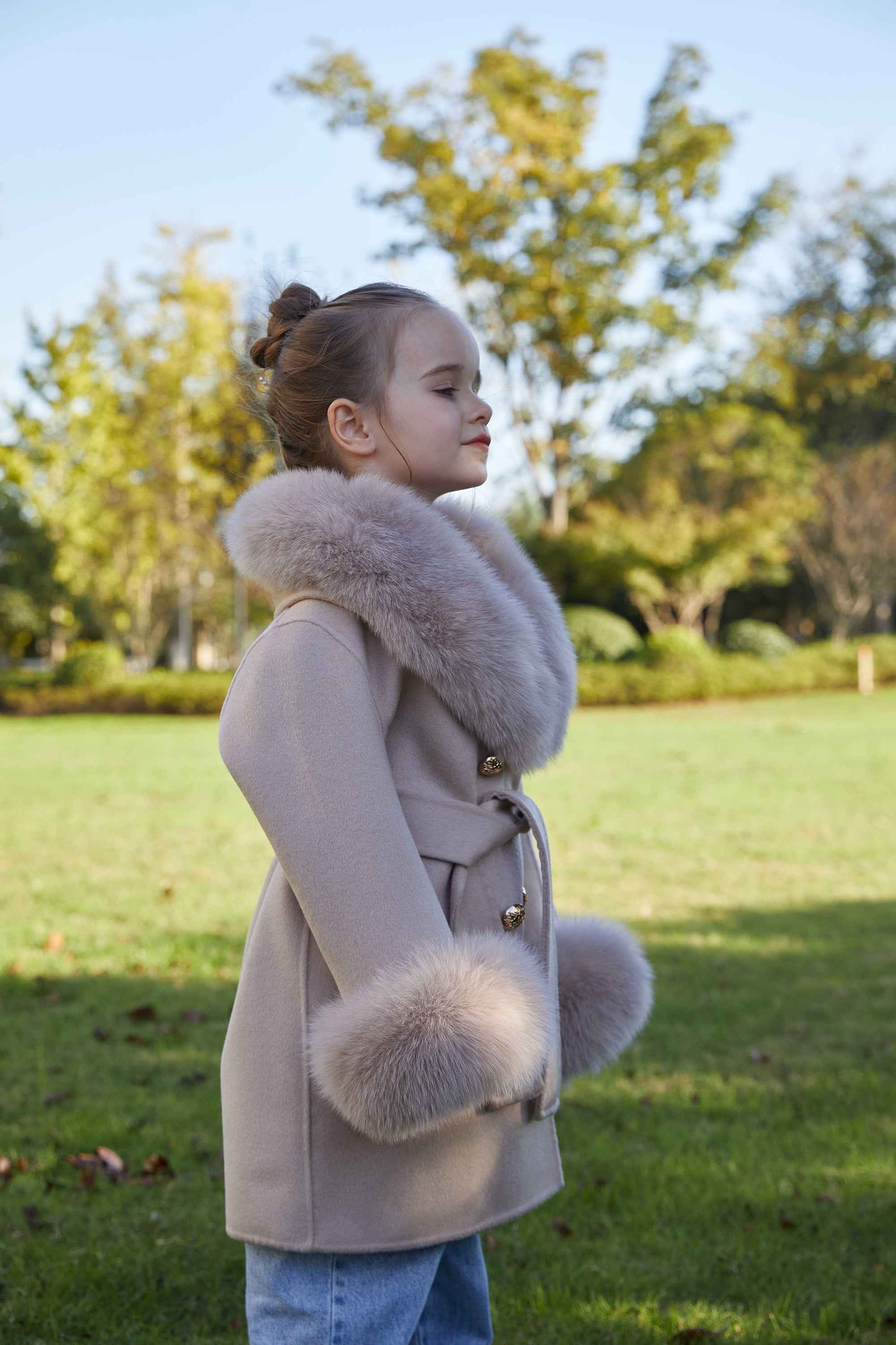 European Style Long Double Side Real Fur Shawl Collar Cashmere Wool Fur Children Coat