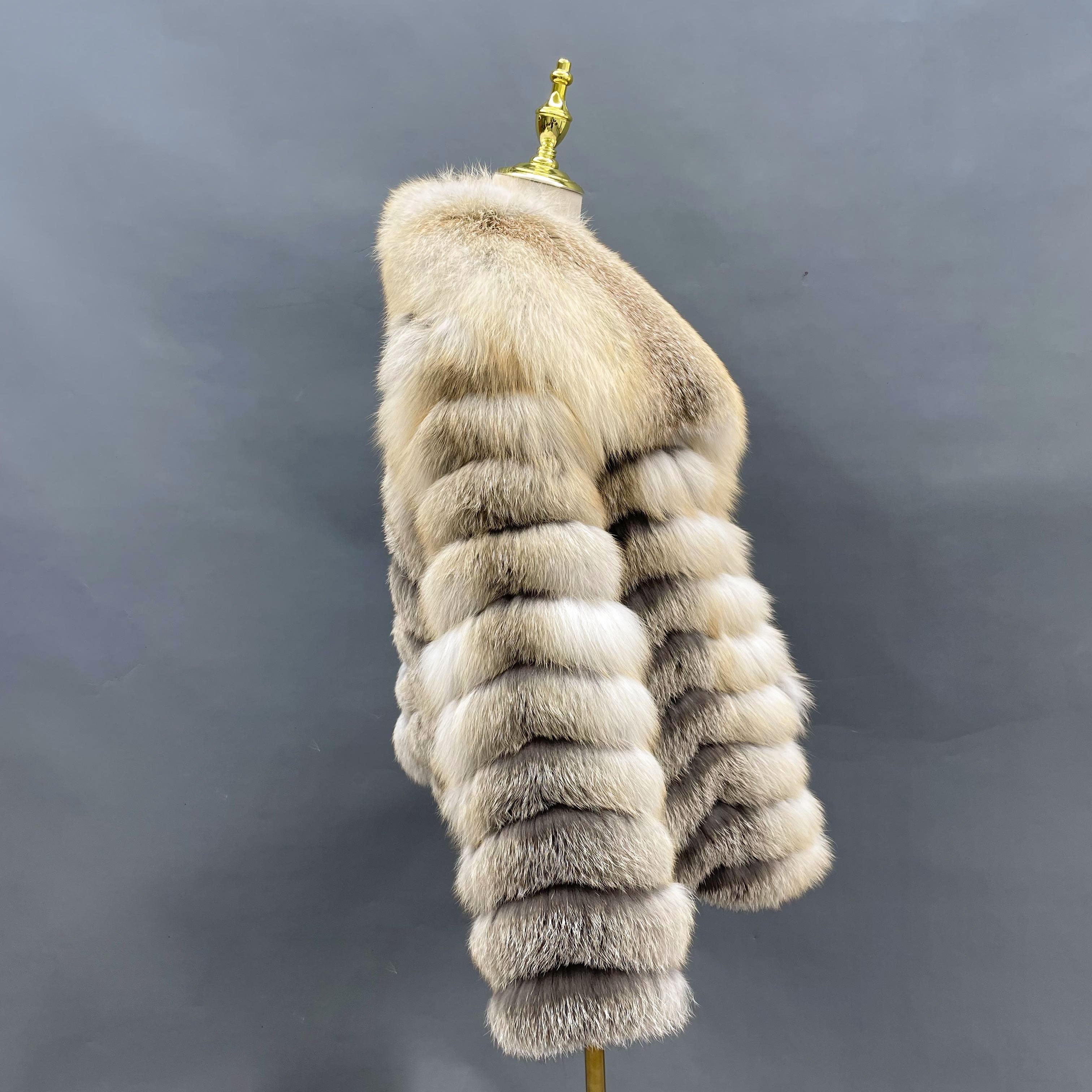 Real Fox Fur Jacket for Women – Short Length, Carved Stripe Design, Large Collar Winter Outerwear