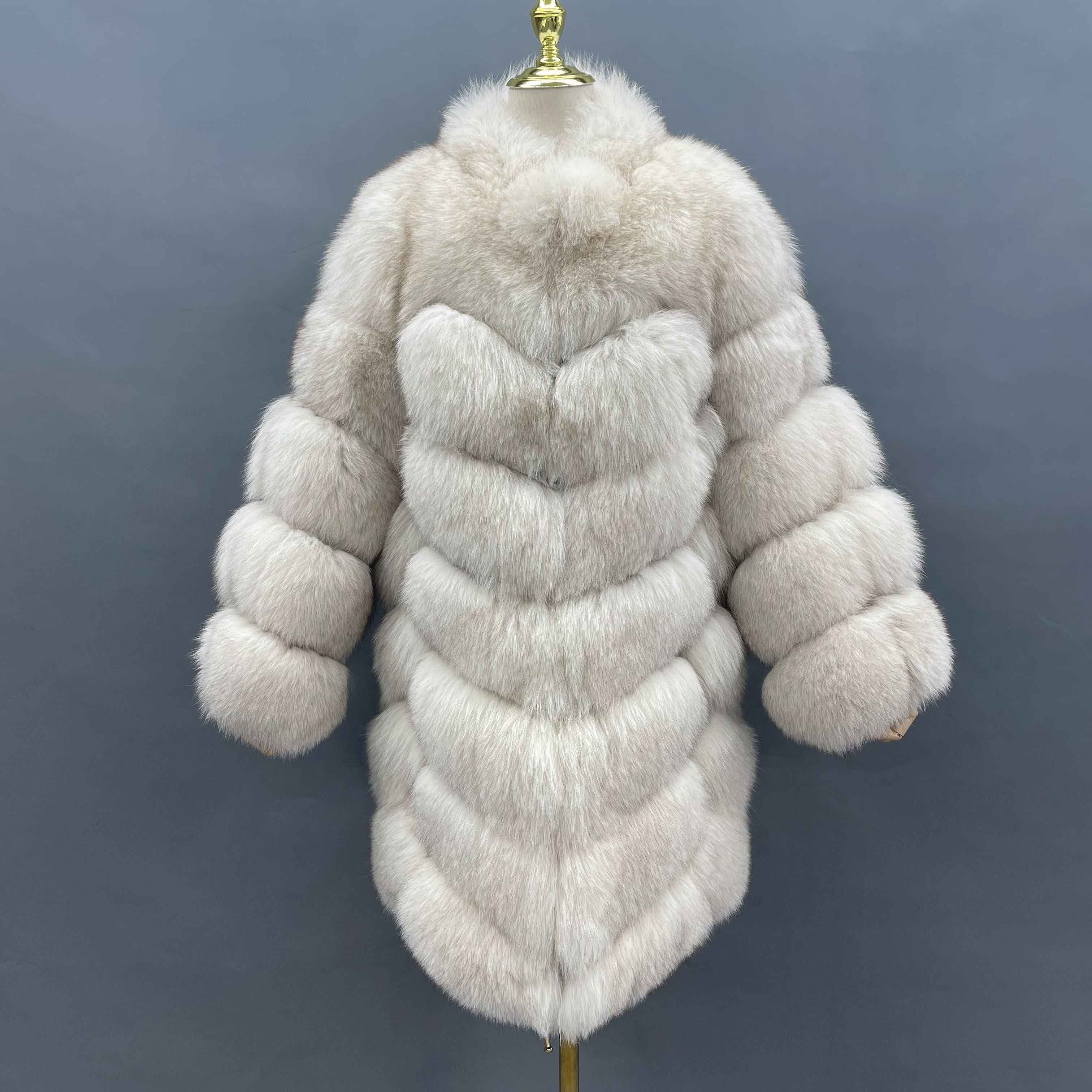 Women’s Seven-Section Stand Collar Fox Fur Coat – Elegant Mid-Length Real Fur Jacket in White for Luxury Winter Fashion White