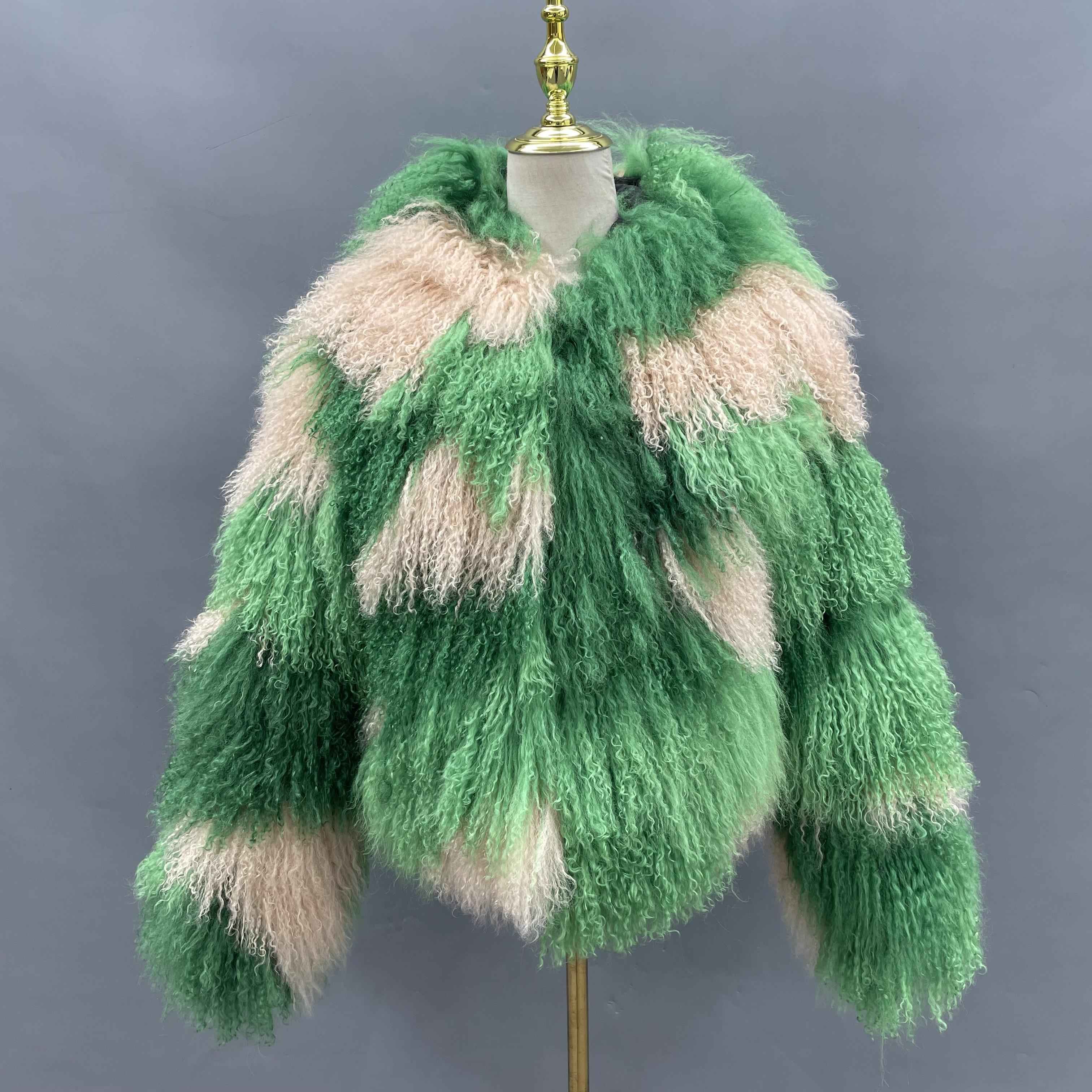 Women's Hooded Color-Block Mongolian Lamb Fur Jacket – Fuchsia & Crimson Red, Short Curly Hair Winter Outerwear for Women 2#Green