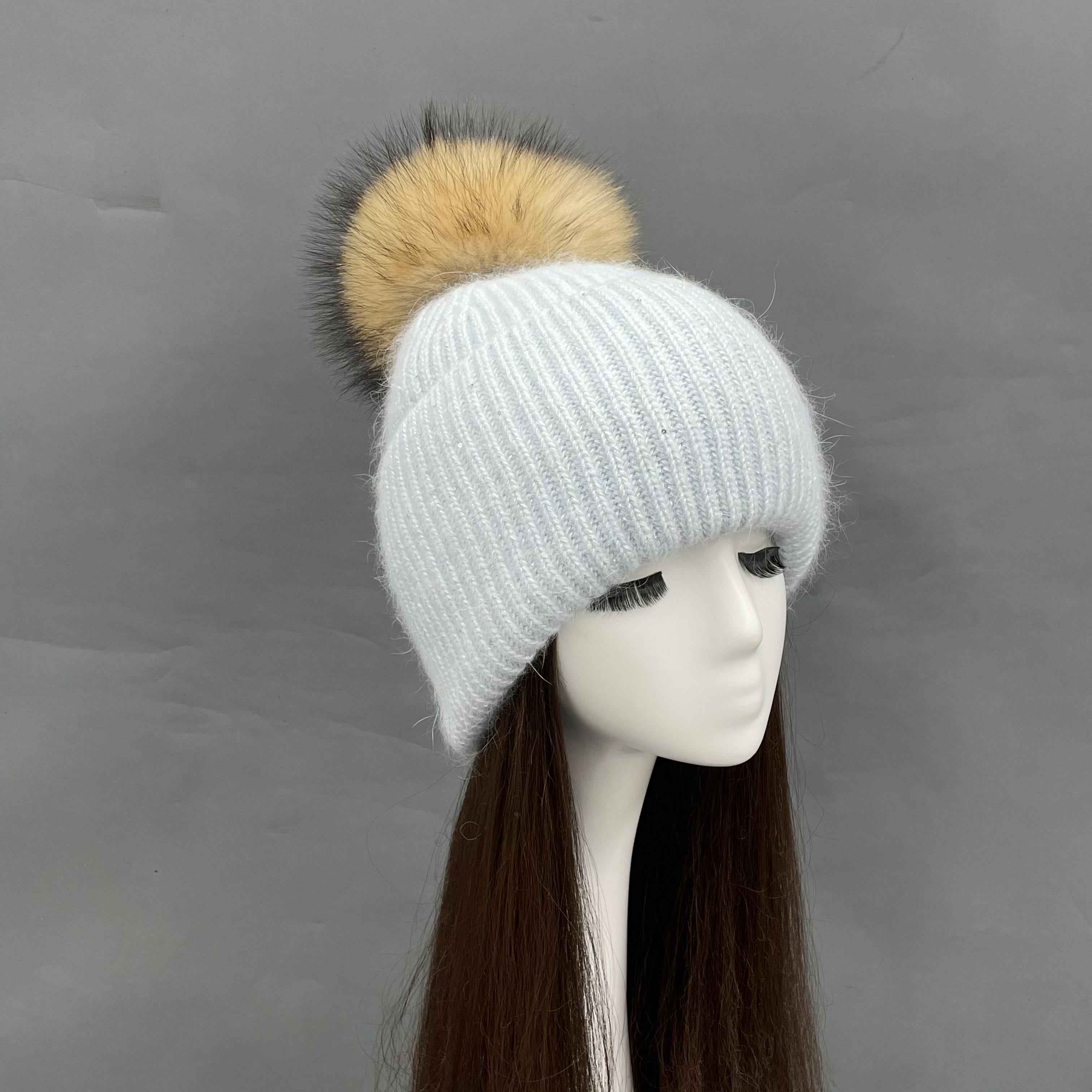 Wholesale Shiny Rabbit Fur Knit Beanie – Raccoon Fur Pompom Top, Winter Hat for Women, Premium Warmth & Fashion in Bulk 1#Light Grey