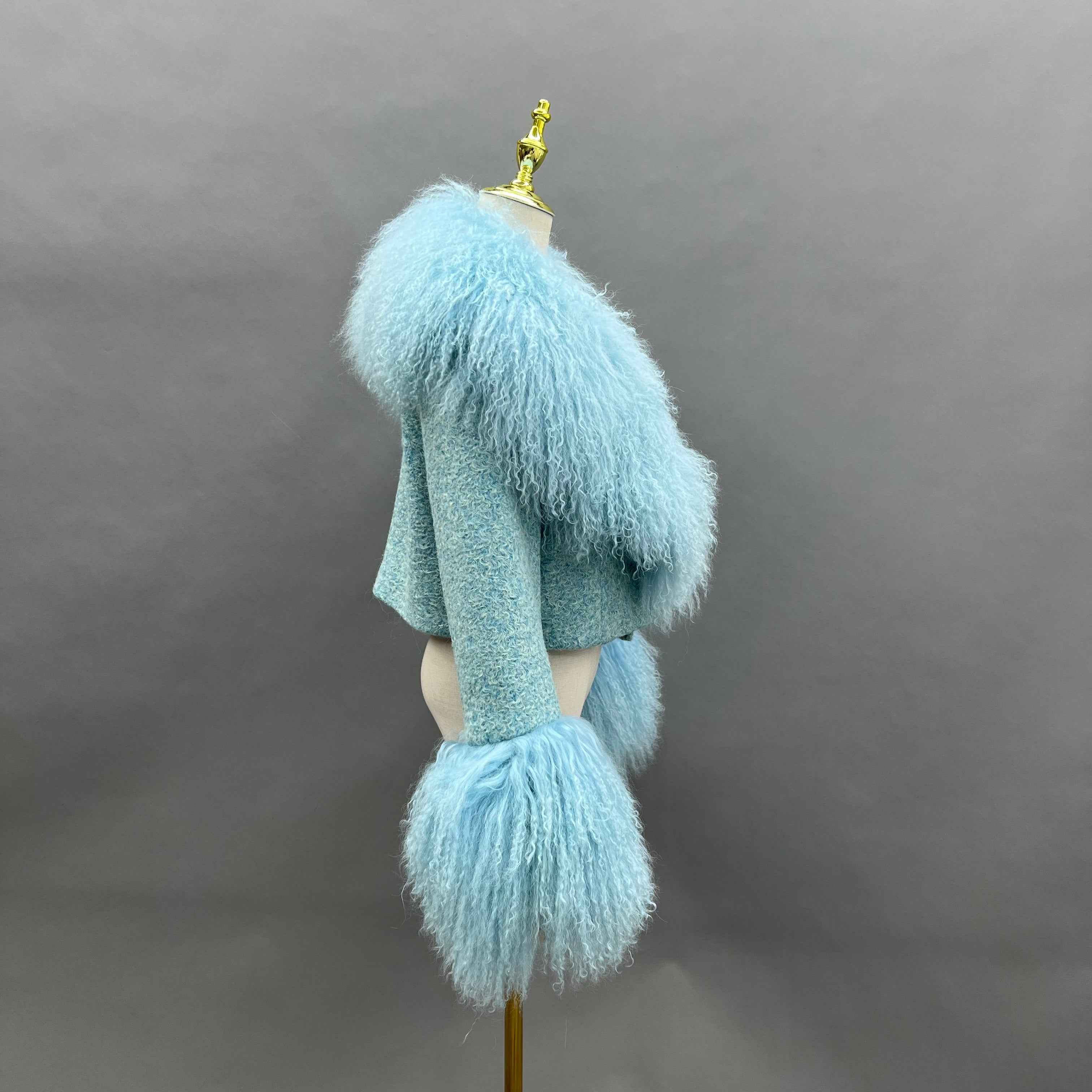 Cashmere Short Coat with Tibetan Lamb Fur Collar and Cuffs