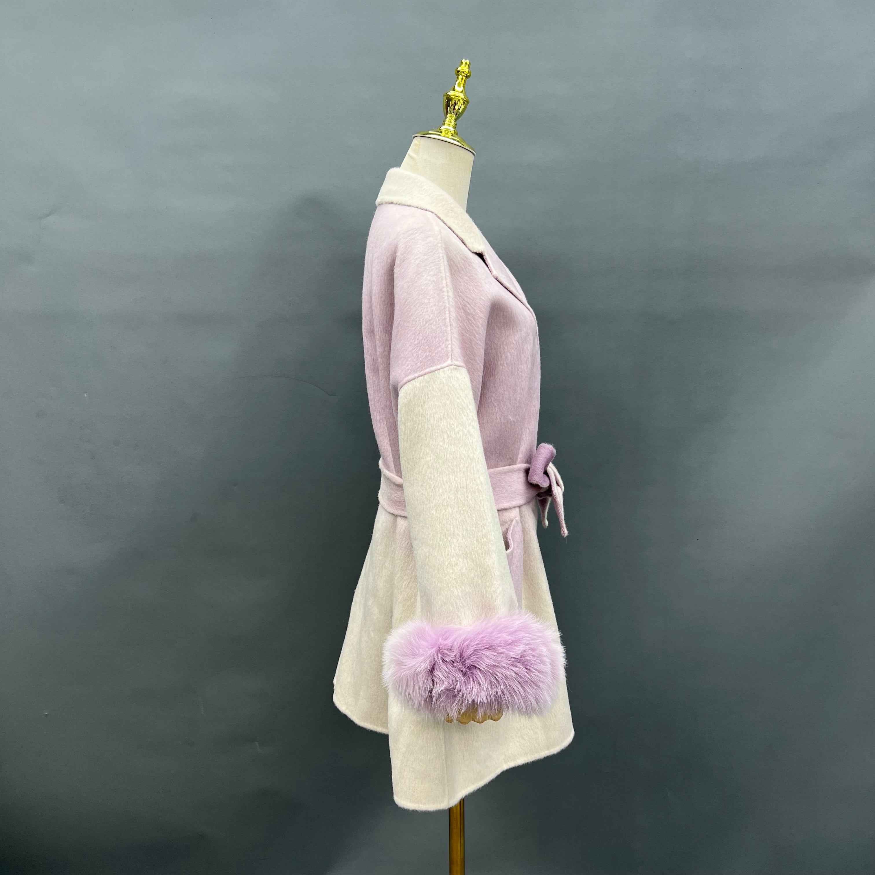 Gradient Color Double Faced Wool Cashmere Coat with Fur Cuffs - Tie Waist Winter Outerwear