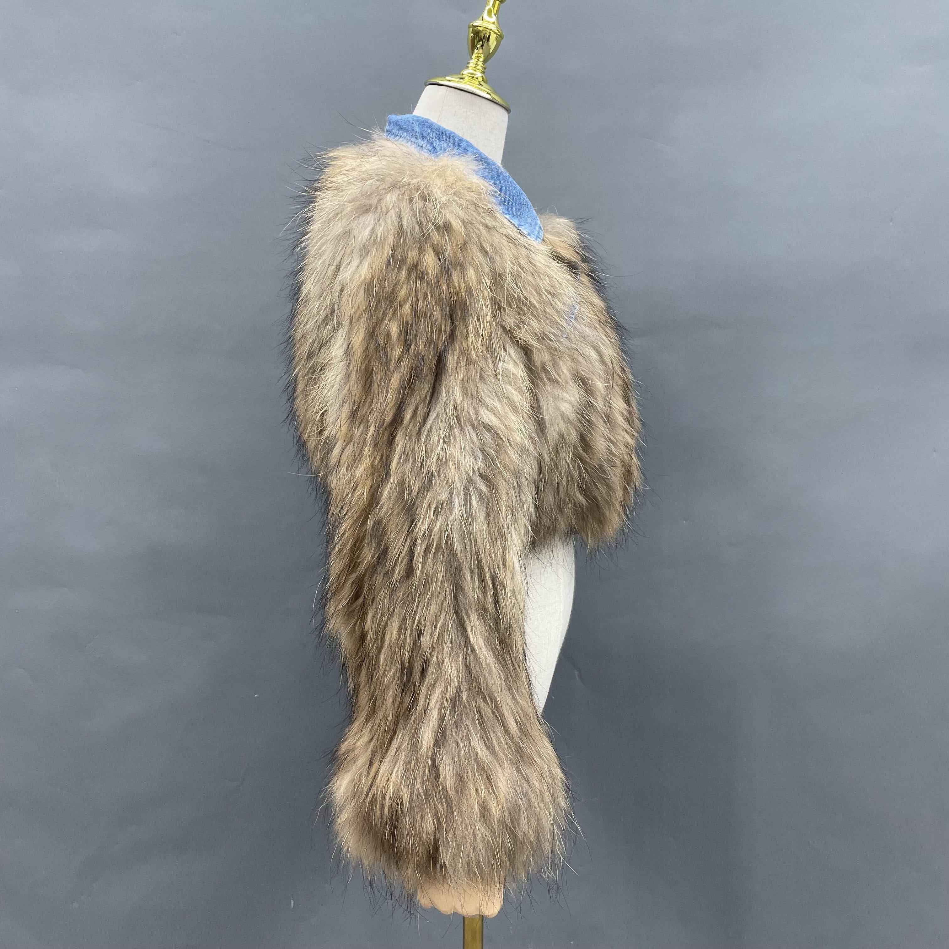 Women's Luxurious Knitted Raccoon Dog Fur Cropped Jacket with Denim Collar & Details - Edgy Winter Outerwear