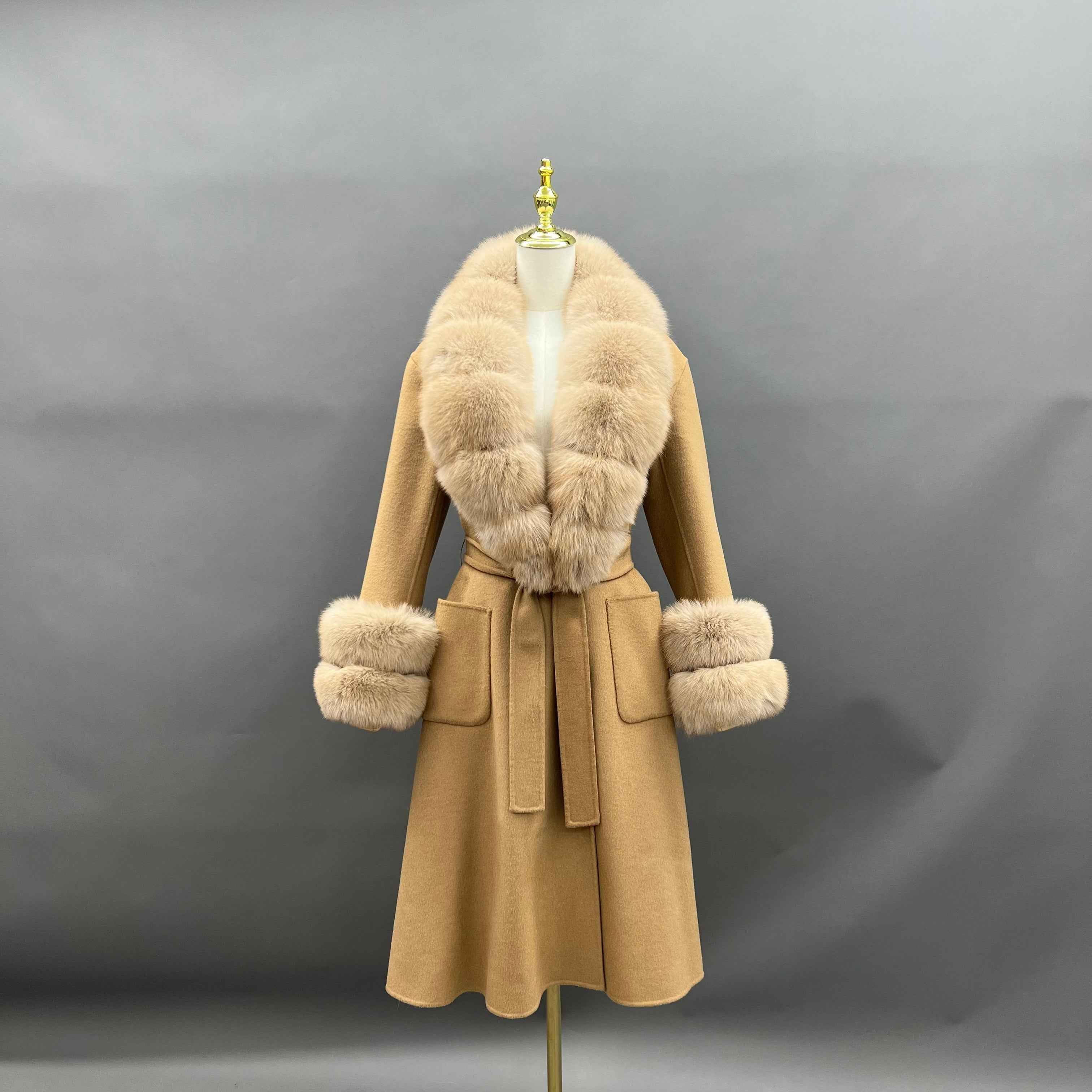 Women's Double-Faced Wool Coat with Real Fox Fur Collar – Long Ivory Trench Coat, Elegant Winter Outerwear for Women 22#Light Camel