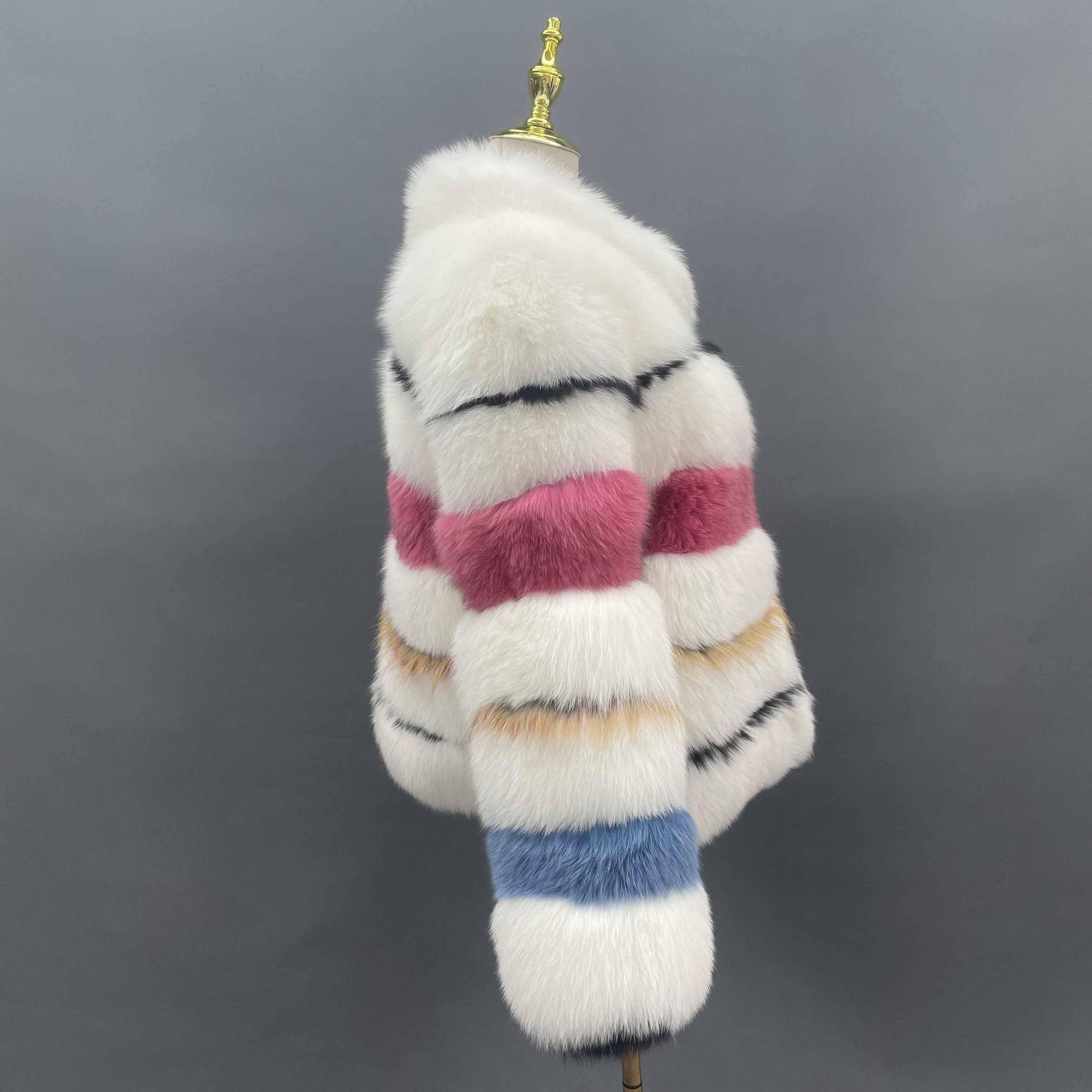 Luxury Color Block Fox Fur Coat with Stand Collar – Women's Striped Real Fur Jacket