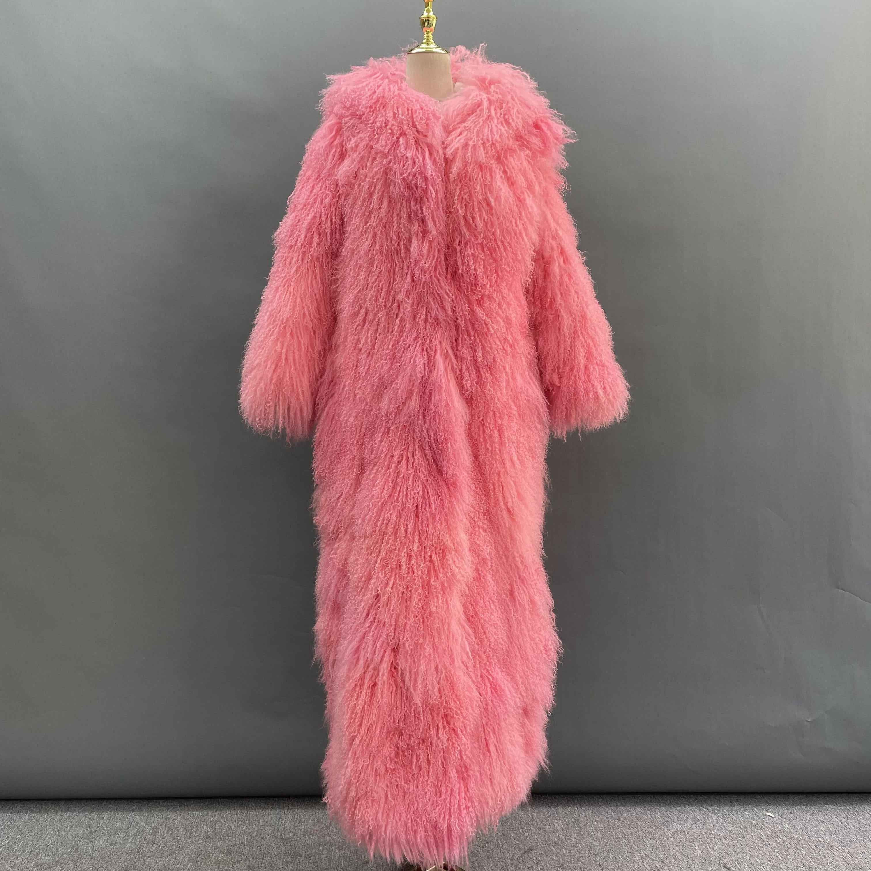 Women's Hooded Long Pink Mongolian Lamb Fur Coat – Full-Length Curly Hair, Elegant Winter Outerwear for Women