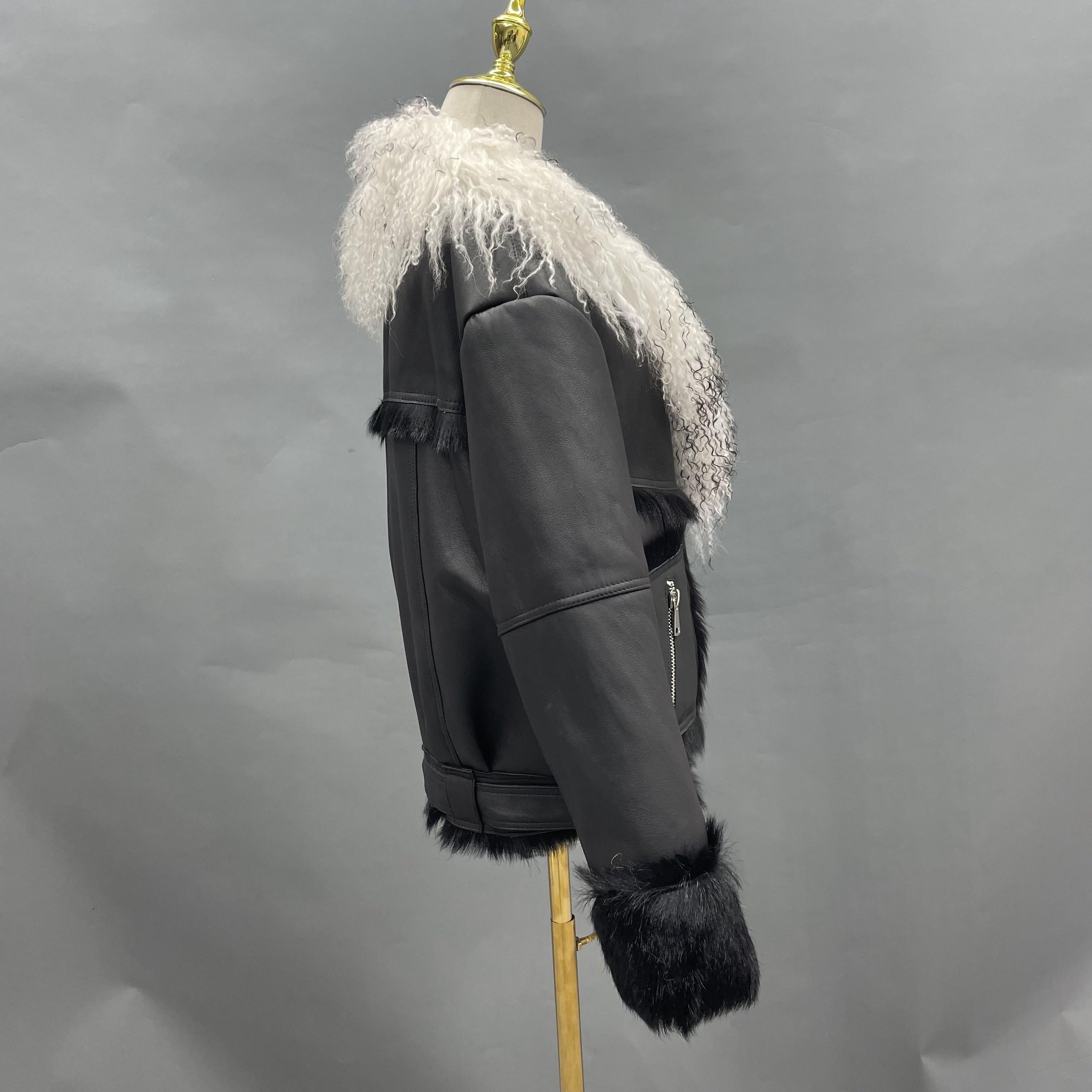 Women's Black Biker-Style Shearling Jacket with Tibetan Lamb Fur Collar, Asymmetric Zipper & Belted Waist - Edgy Winter Outerwear