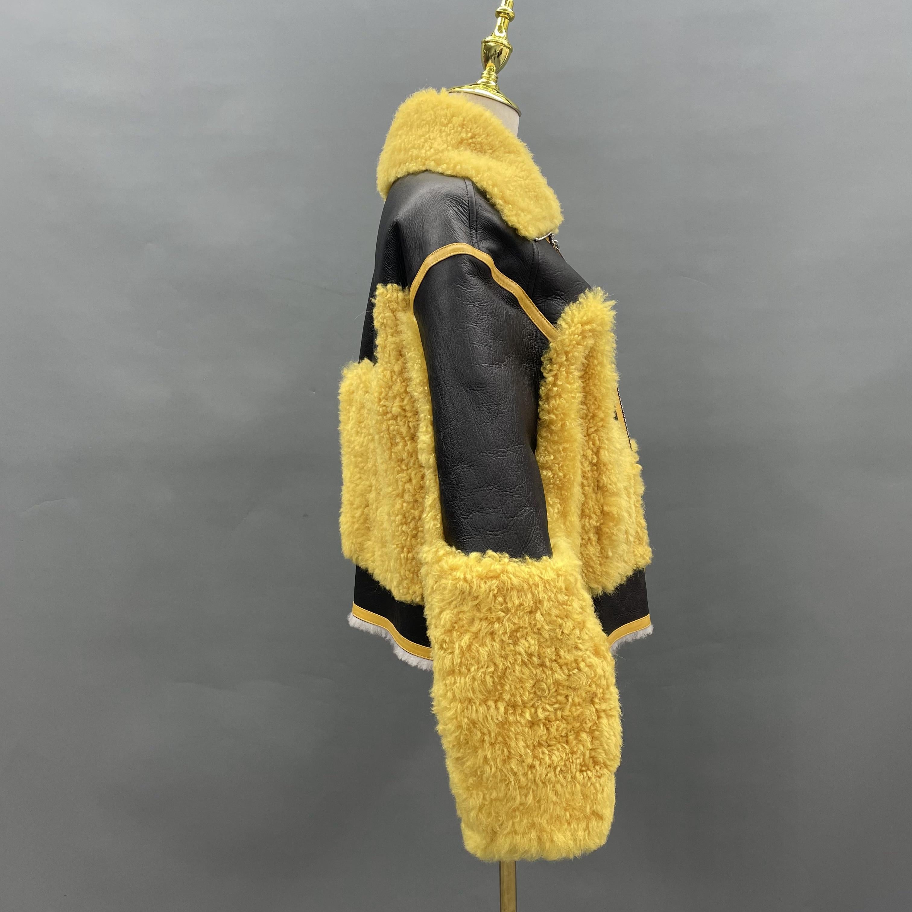 Women's Short Shearling Jacket with Bazaar-Style Notched Lapel, Black & Yellow Contrast & Zipper Front - Edgy Winter Outerwear
