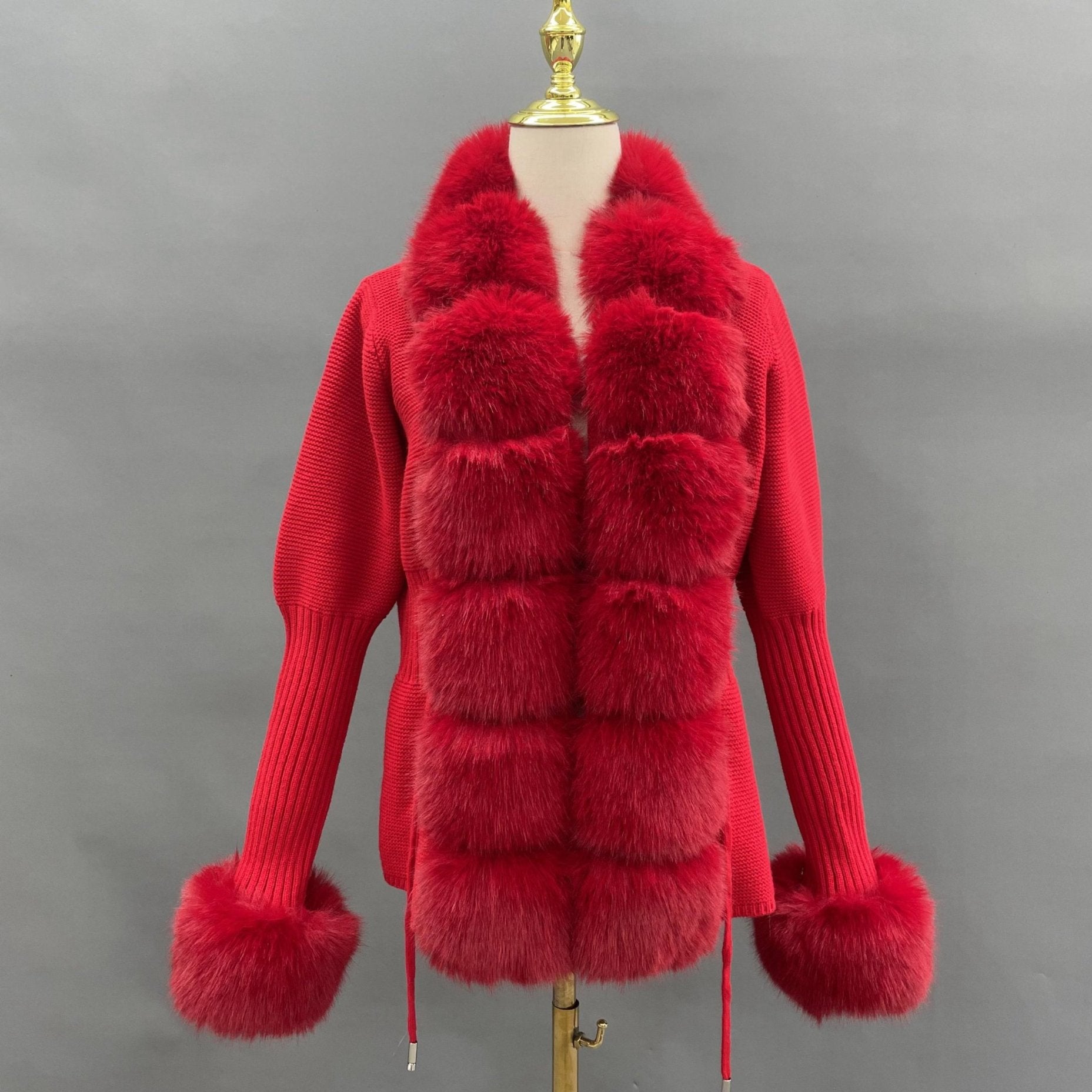 Women's Knitted Sweater Coat Cuff Placket with Eco-Fur Faux Fur - Janefur