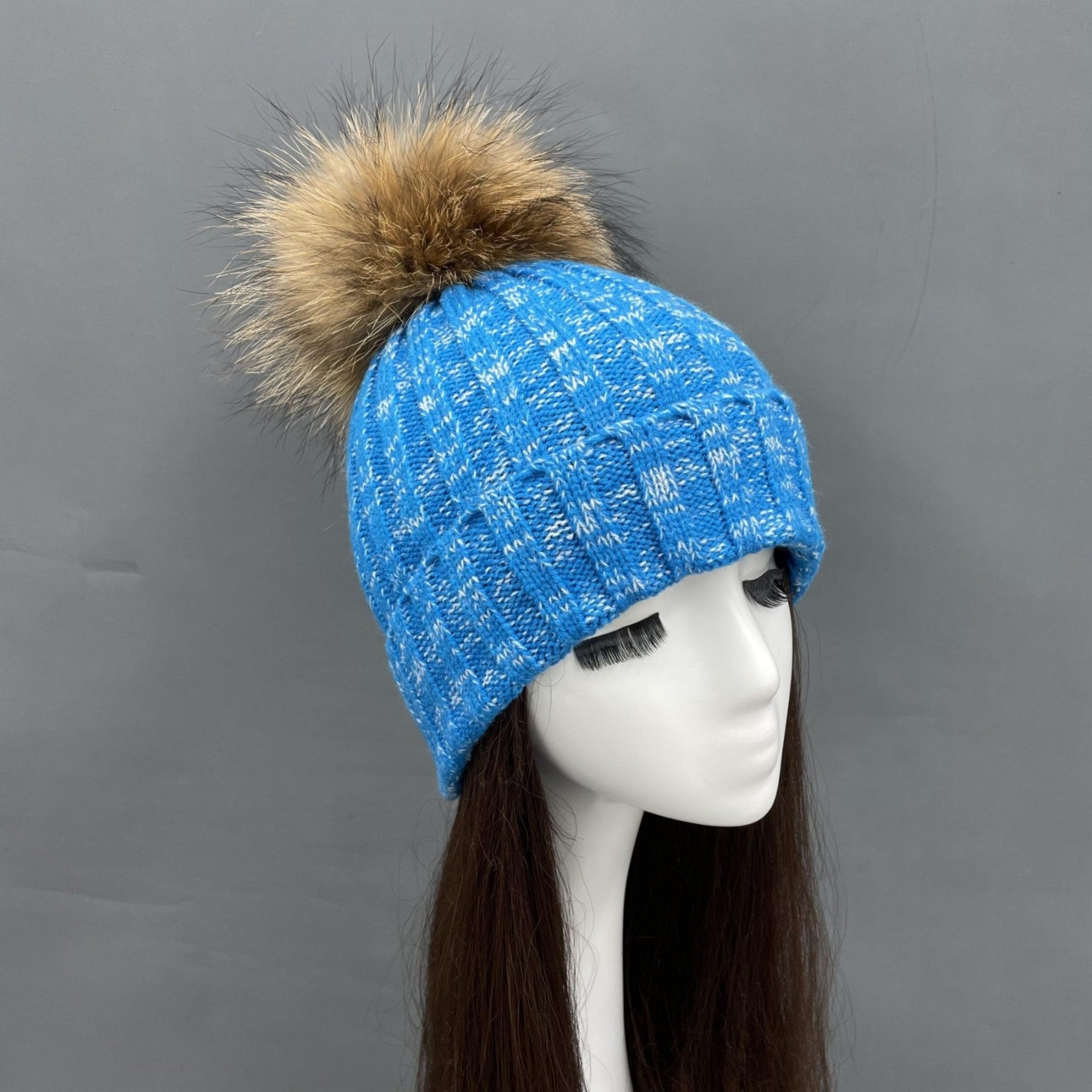 New Fall And Winter Striped With Fur Pom Pom Acrylic Hat 45