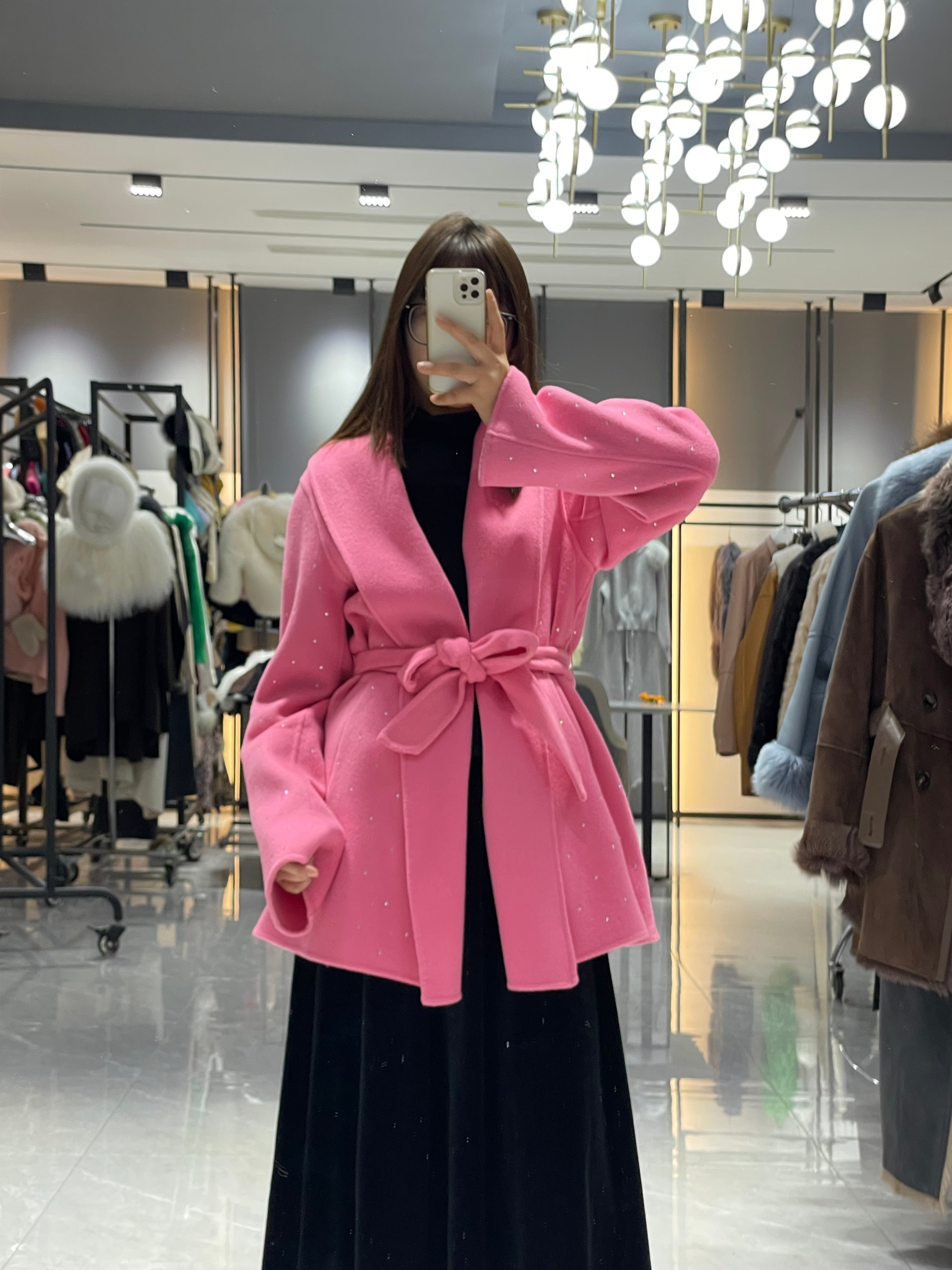 Sparkly Double-Faced Wool Coat for Women – Belted Glitter Shimmer Wrap Jacket in Hot Pink - Janefur