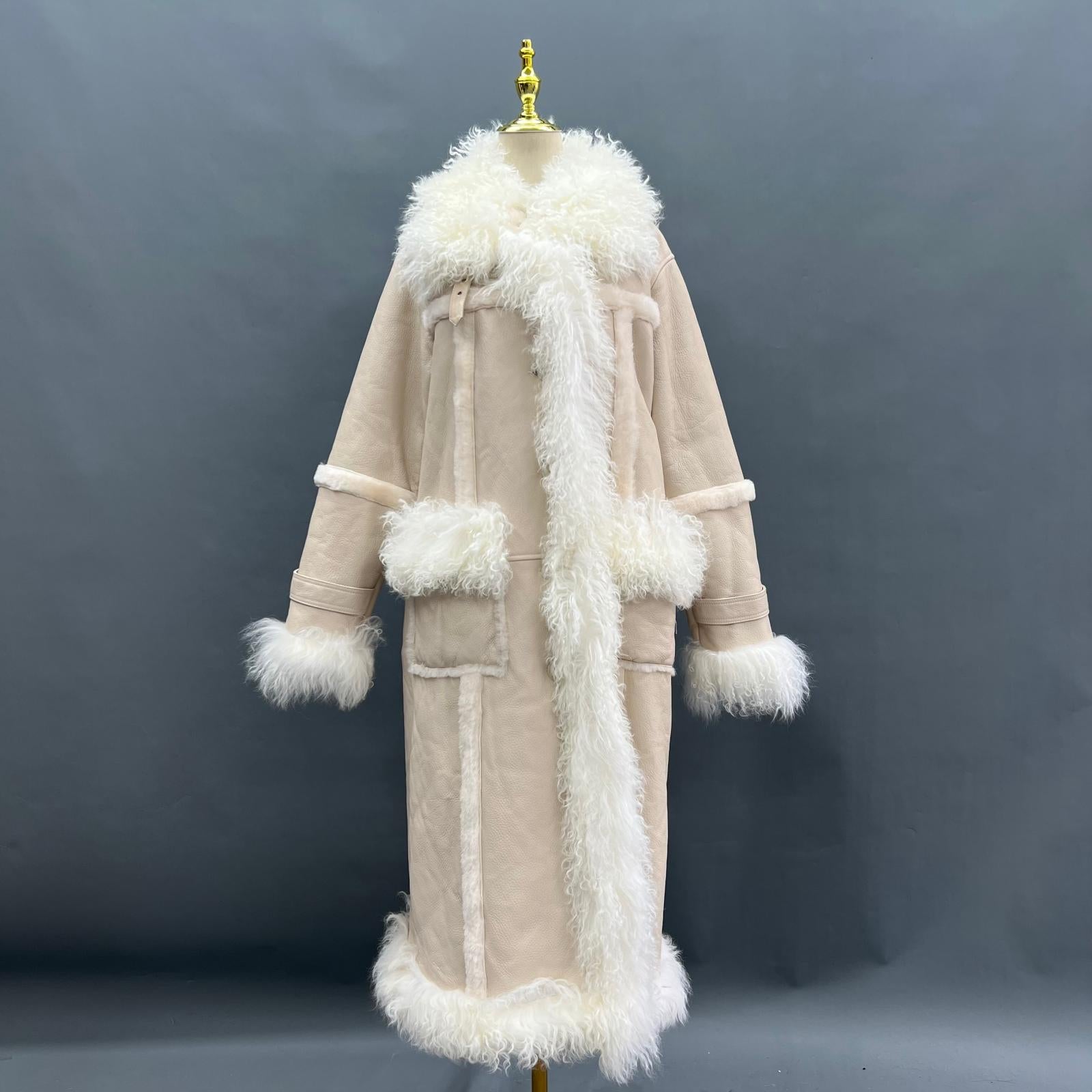 Long Black Shearling Thick Coat Pure Sheepskin Thermal Leather Coat - Janefur