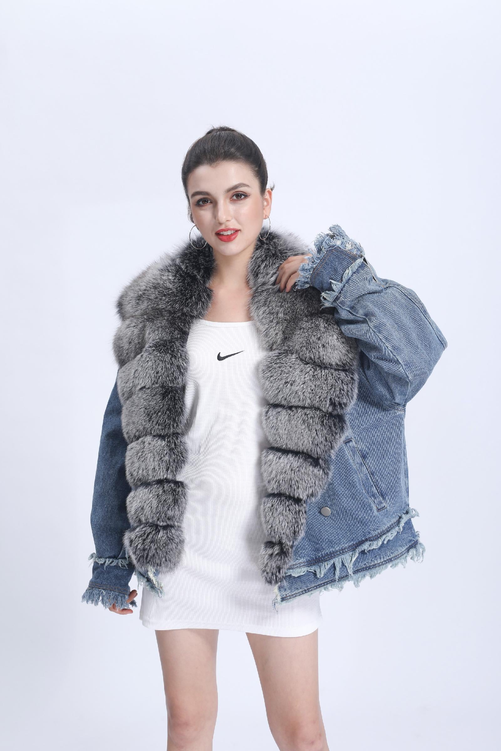 Women's Denim Jacket Leather Large Fox Fur Collar Winter Luxury Coat Fluffy Jacket Denim Blue Down Outerwear - Janefur