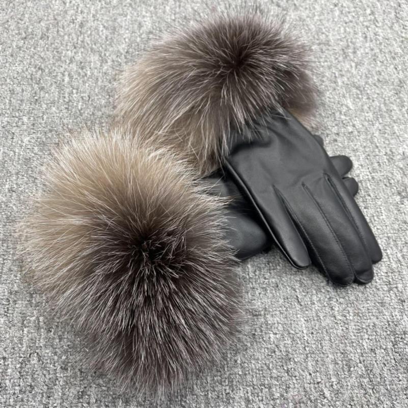 Fox Fur Leather Gloves Rose - Janefur