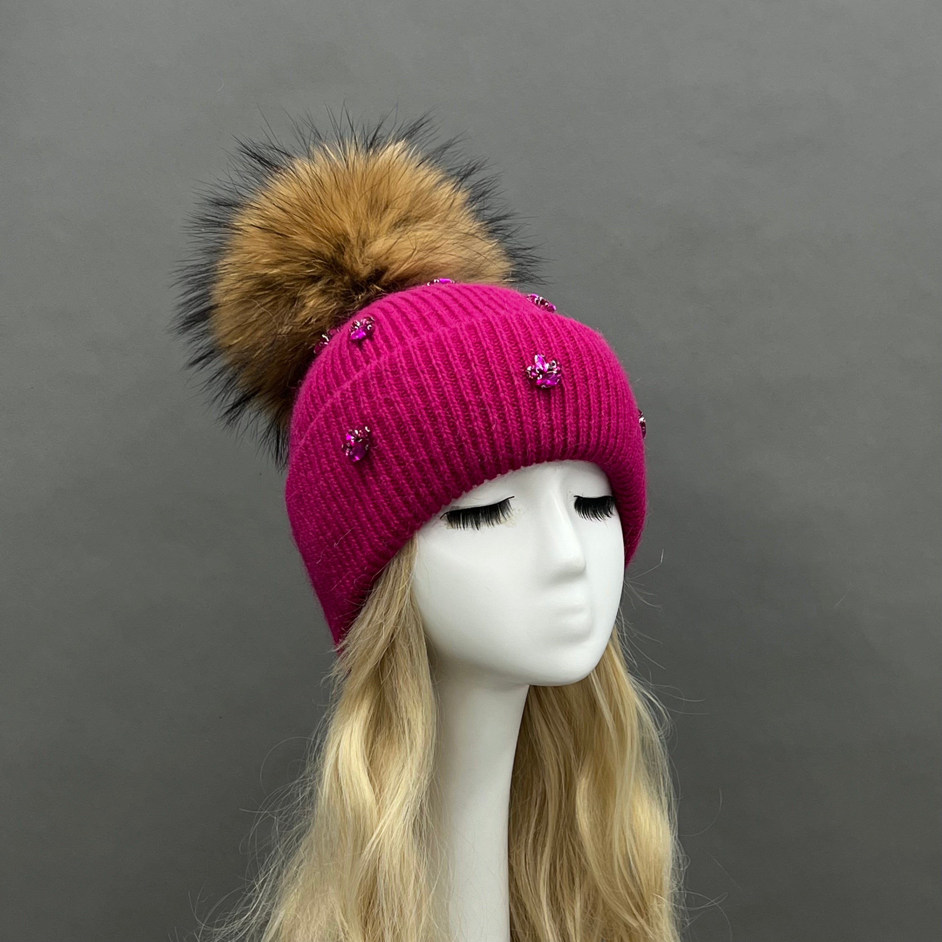 Ladies' Rabbit Fur Hat with Small Rhinestone Pompoms for Casual Wear - Janefur