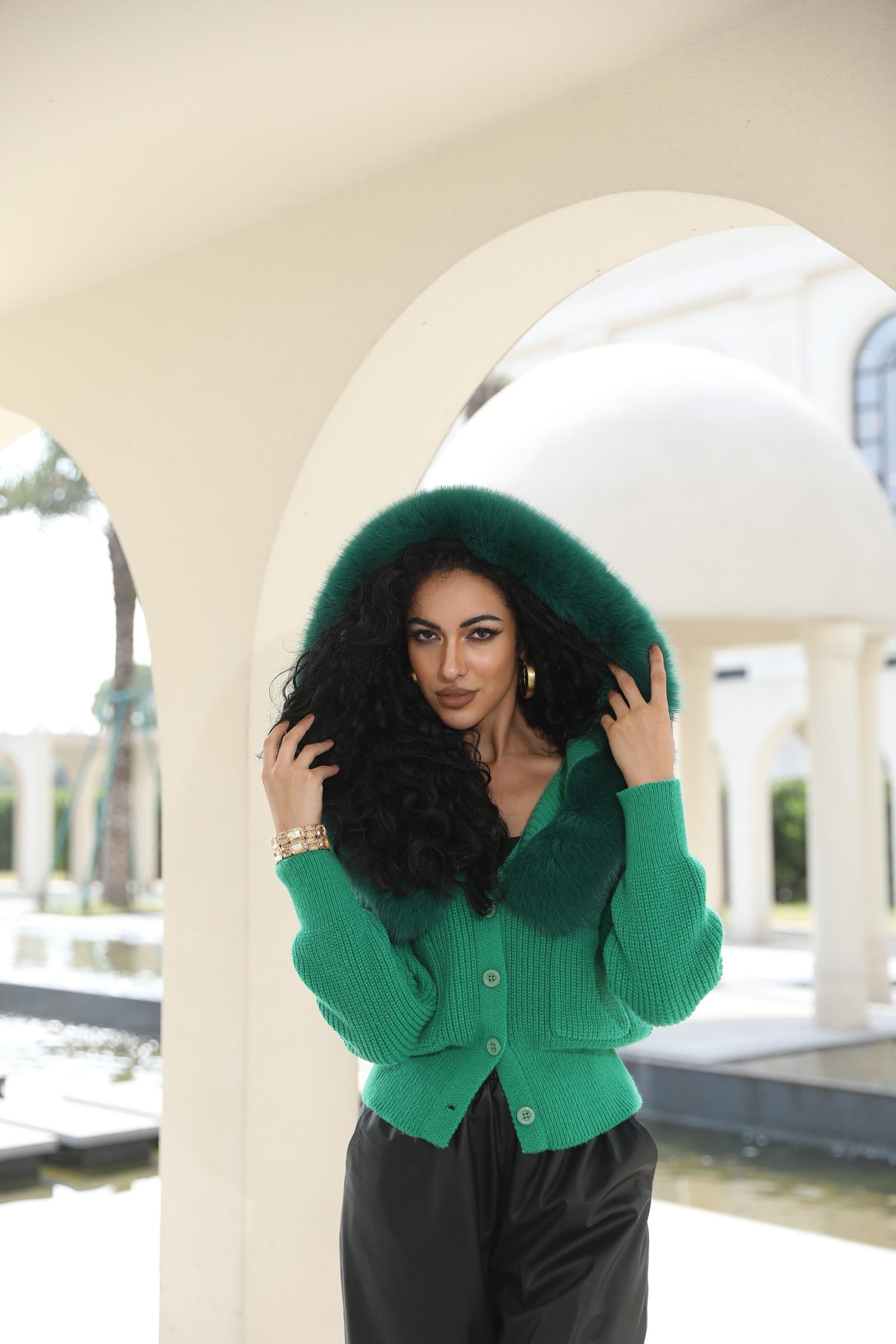 Women's Knitted Hooded Faux Fur Collar Active Fashion Jacket - Janefur