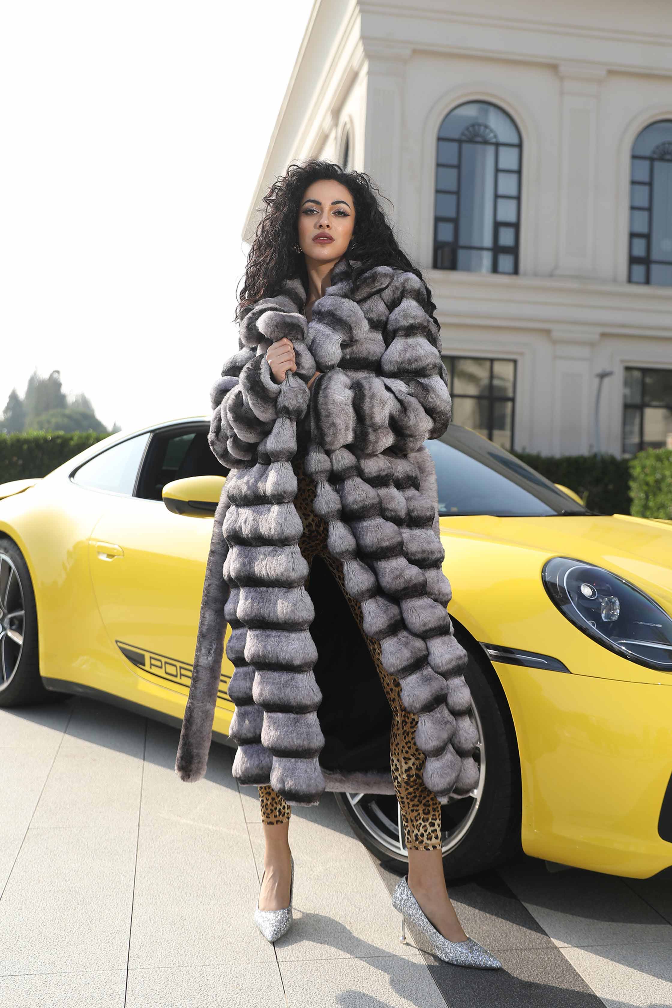 Eco Friendly Faux Fur Women's Casual Notched Collar Chinchilla Pattern Long Coat - Janefur