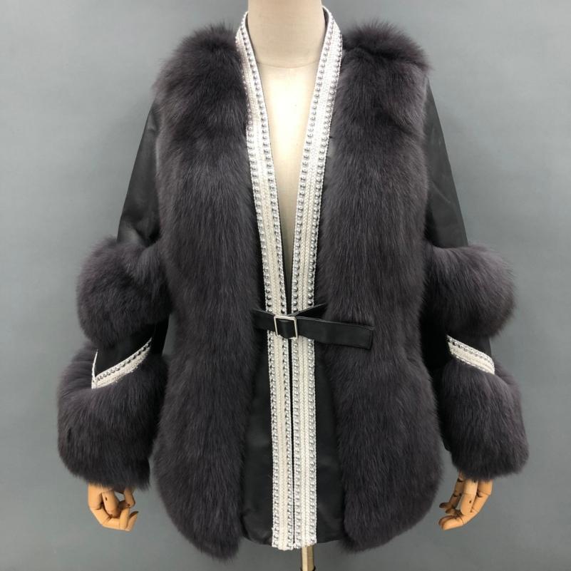 Women's Fox Fur Patchwork Leather Rivet Front Winter Coat - Janefur